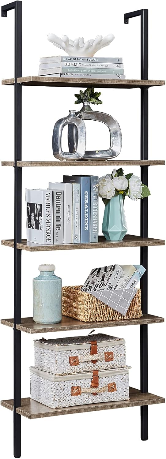 SUPERJARE Industrial Ladder Shelf, 5Tier Wood WallMounted