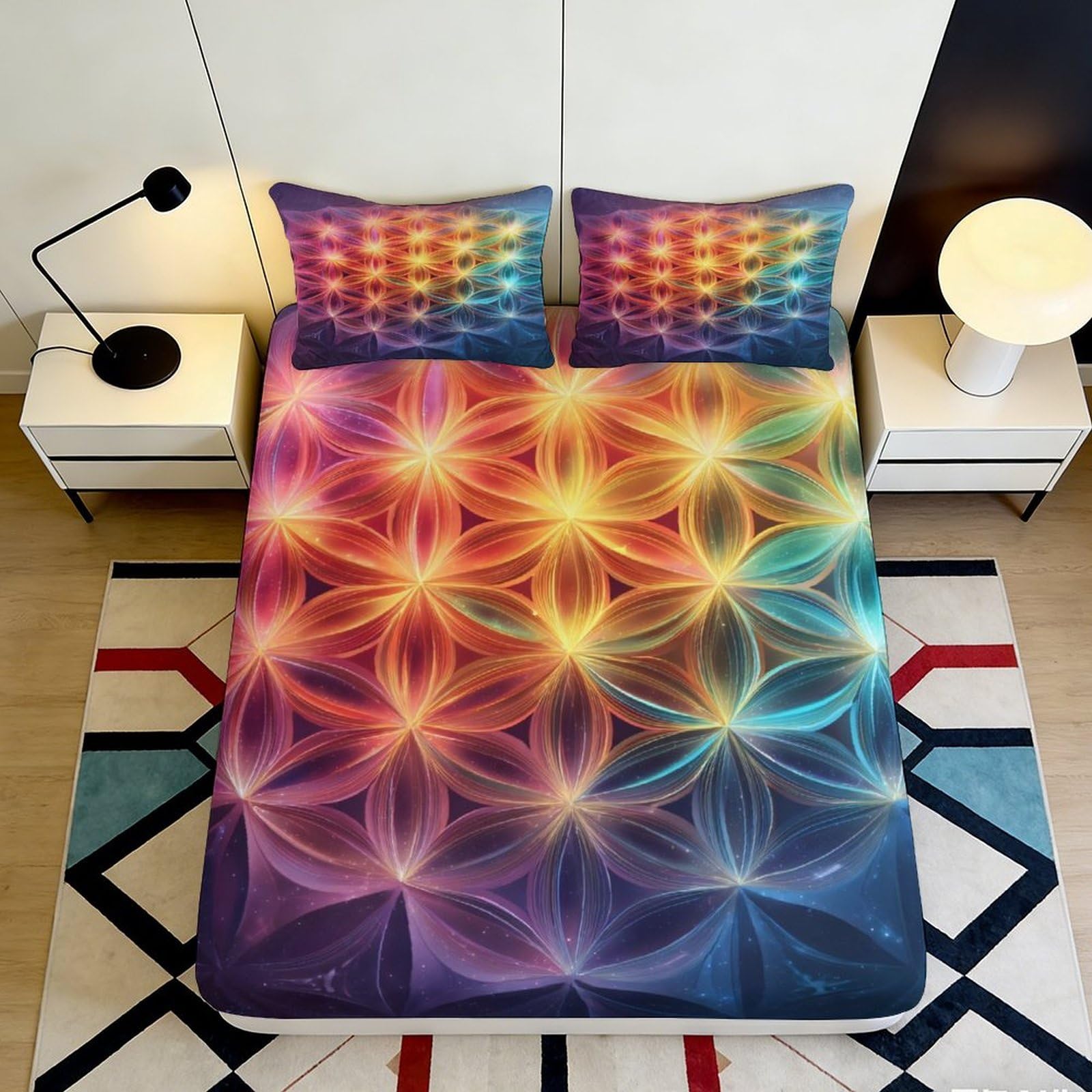 Jqzkxnhpbr Style-6 3D Printed Vibrant Light Pattern Fitted Sheet Microfiber Soft Abstract Rainbow Mattress Cover For Bedroom Dorm Decor 90X200x25cm