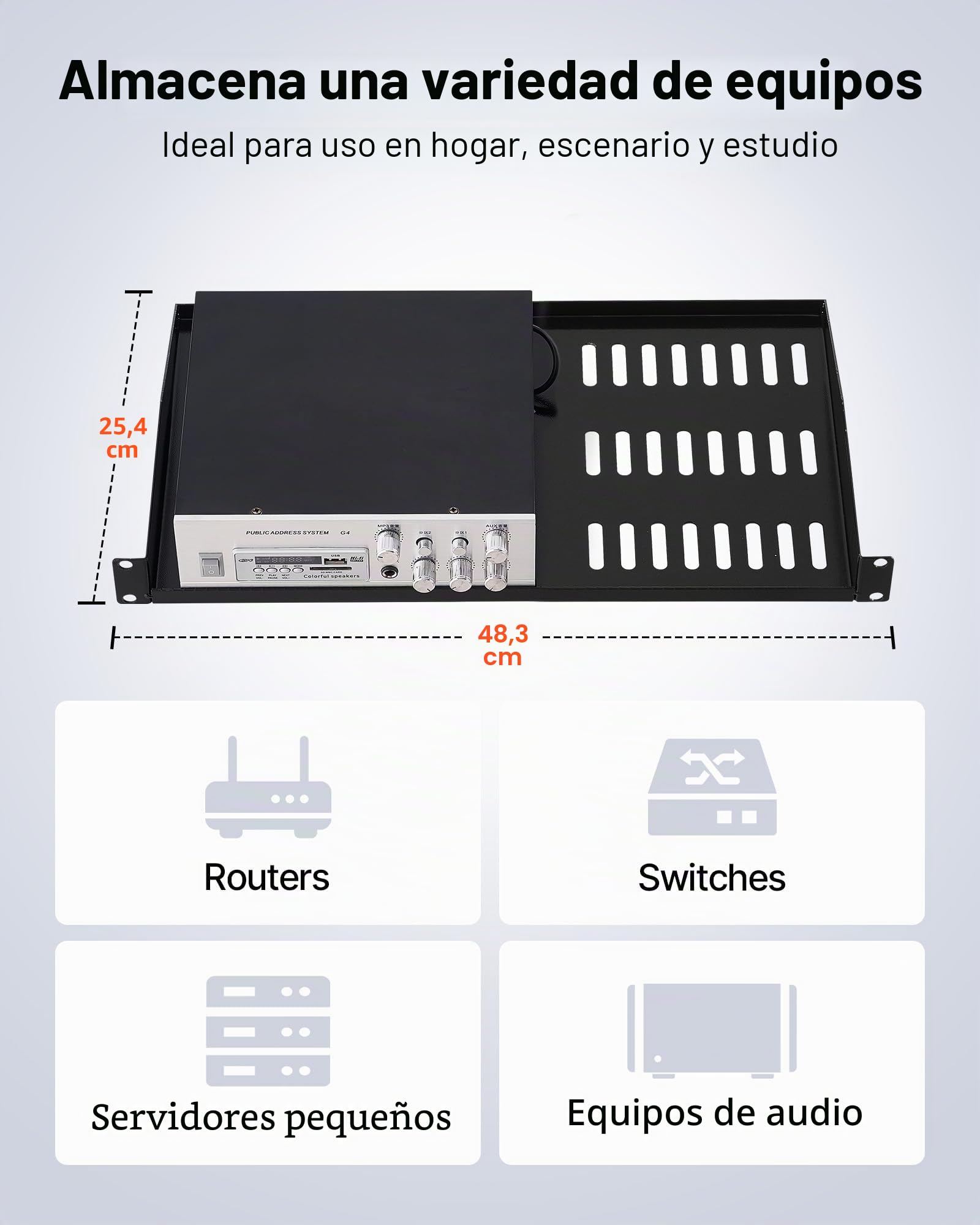 VEVOR Estante para Rack de Servidor de 1U, 4 Unidades, Capacidad de Carga Máxima de 22,68 kg, Ventilación en Voladizo, 25,4 cm de Profundidad, para Equipos de Red Informática con Gabinete de 48,26 cm