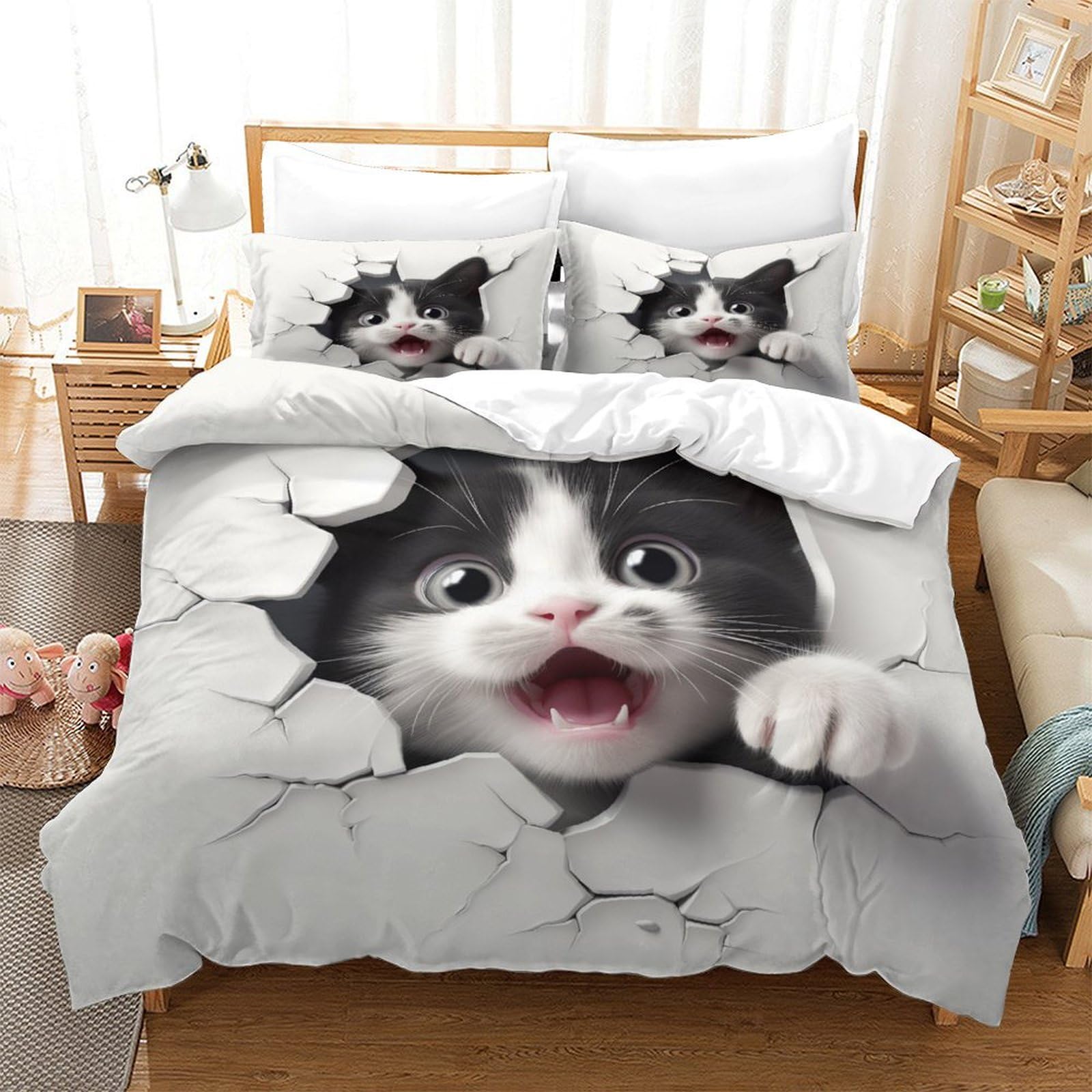 Parure de lit de chat mignon 3D housse de couette microffibre 140x200 respirante