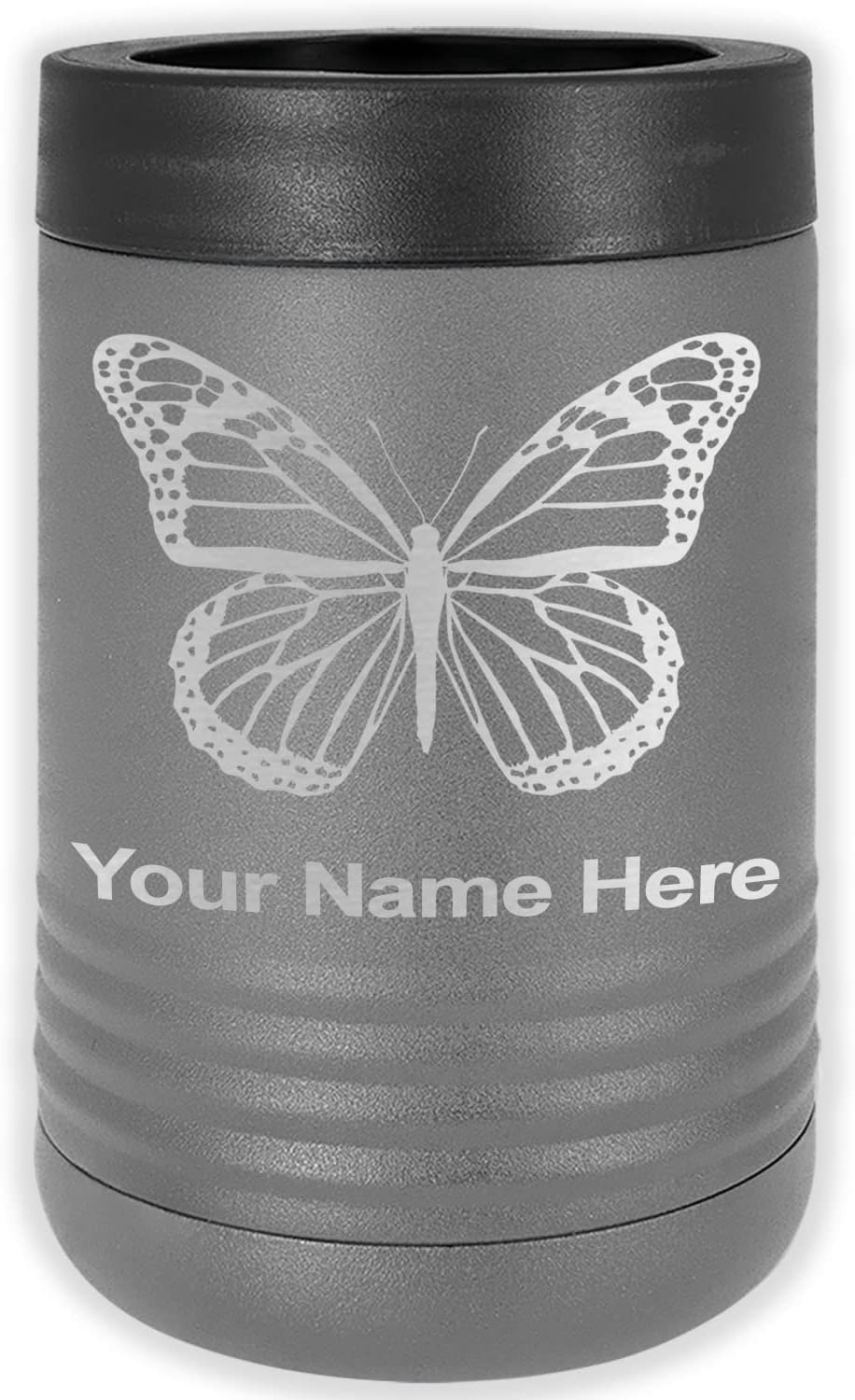LaserGram Personalized 12 oz. Stainless Steel Can & Bottle Insulator, Monarch Butterfly – Keeps Drinks Cold Longer (Dark Blue)