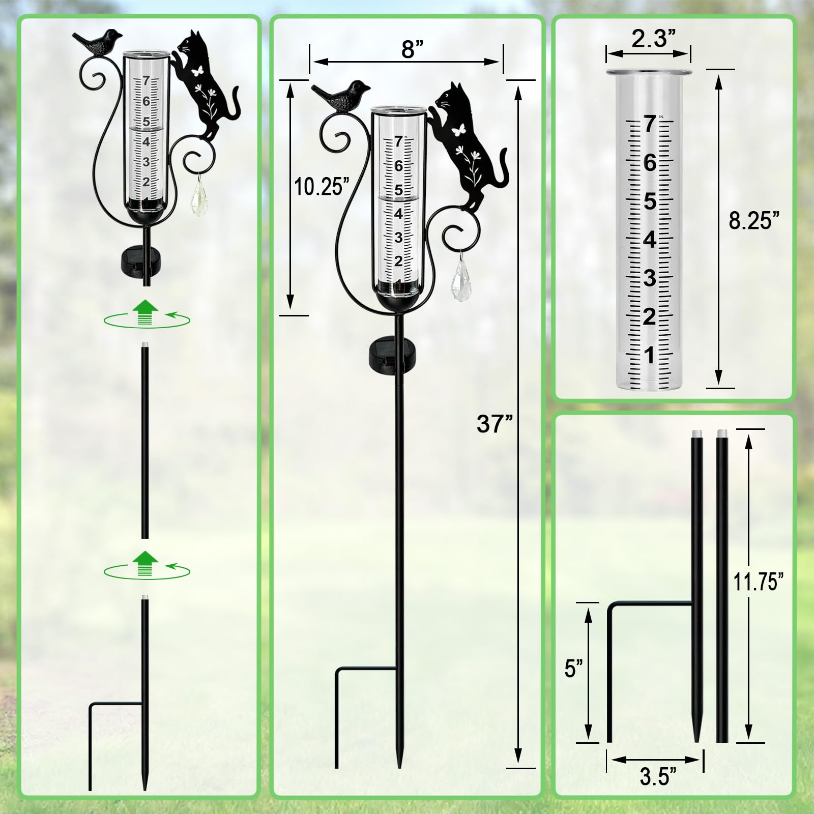 Pluviometro per esterni, decorativo in metallo nero a forma di gatto e uccello, con pluviometri, ideale per cortile, giardino, prato, sentiero, tubo di vetro da 17,8 cm