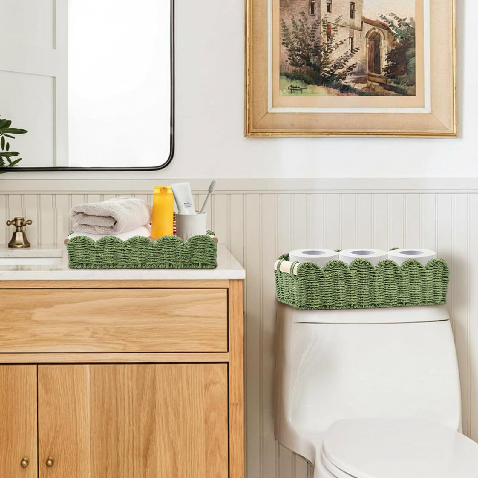 Set di 2 Cestino Portaoggetti, Cesto Vimini Portaoggetti Intrecciato con Maniglia,Organizer Bagno, Impilabile Cestini Stoccaggio Organizer Fasciatoio per Cameretta Salotto Bagno (Verde)
