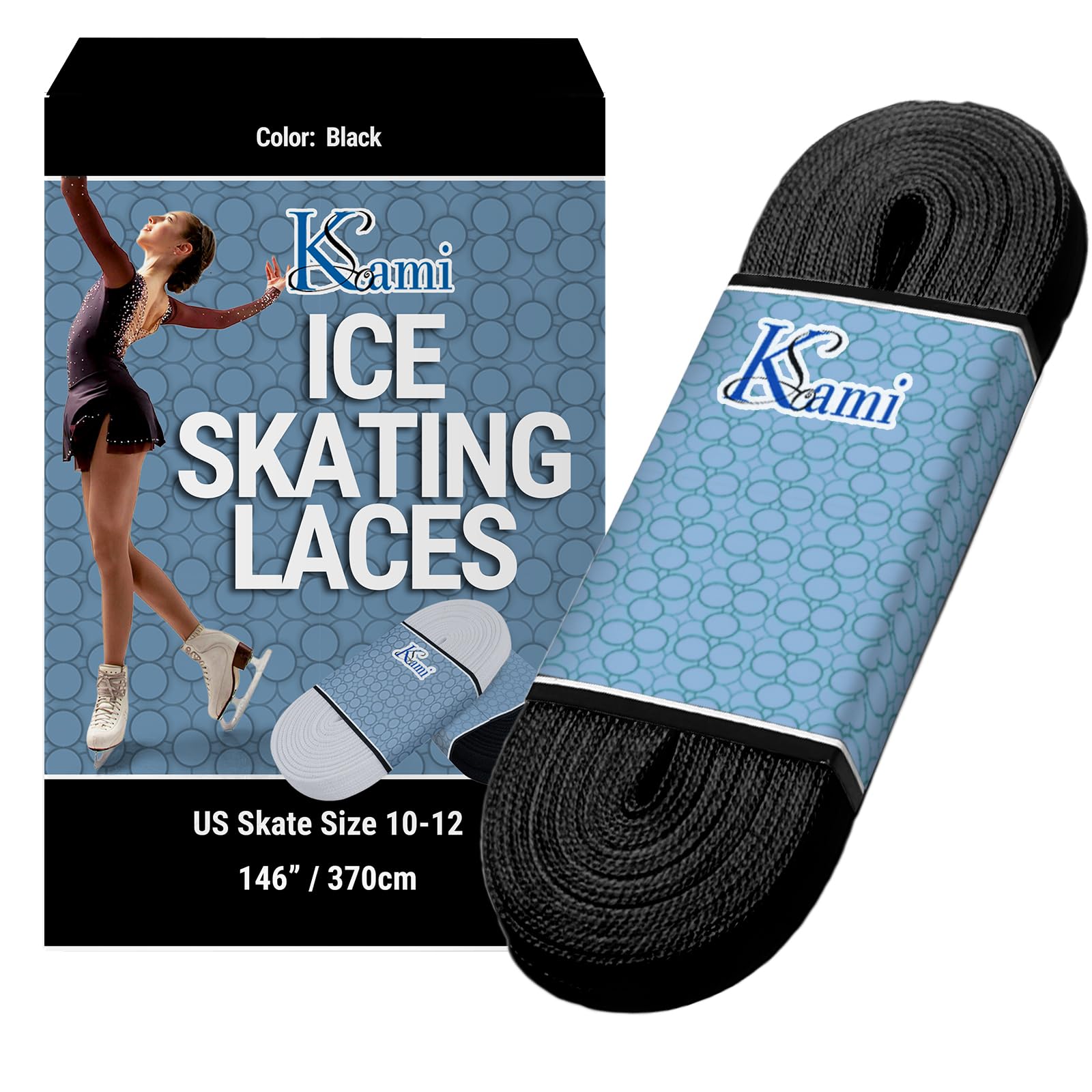 Kami-So Ice Skate Laces for Figure Skates | Flat Tangle-Free Waxed Laces with Easy-Thread Tips | Built for Lasting Hold | Ice Skating Gear for Performance Use | 146" Skate Size 10–12 or 320 | Black