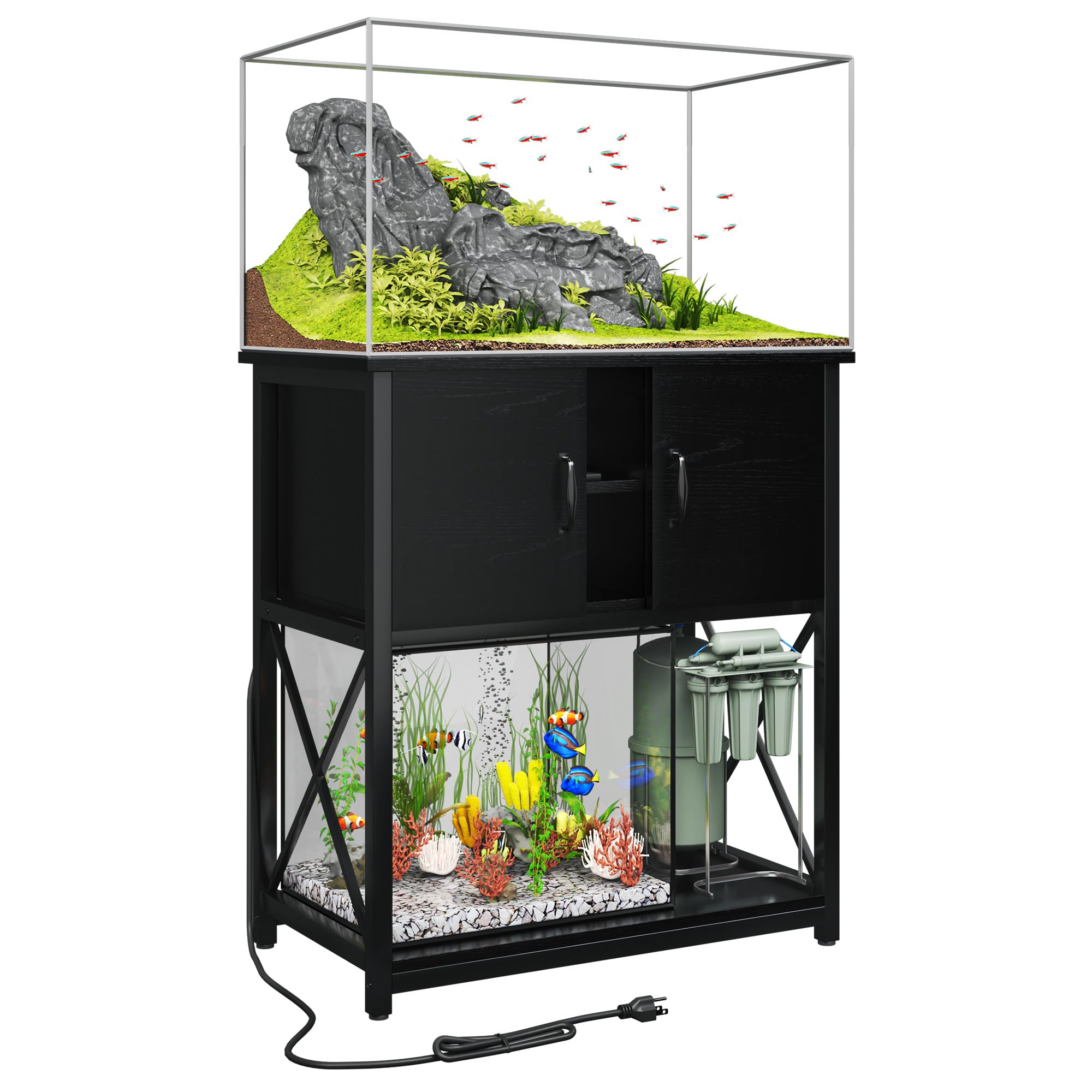 TC-HOMENY 10-29 Gallon Aquarium Stand with Charging Station and Cable Holes, Metal Fish Tank Stand with Storage Cabinet, 29" L x 16.5" W Tabletop, 880LBS Capacity
