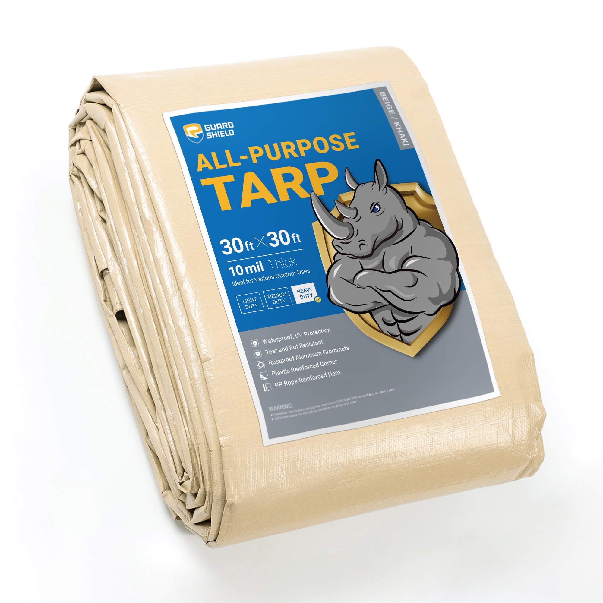 GUARD SHIELD Beige Tarp Heavy Duty Waterproof 30x30 Feet Outdoor Poly Tarps Cover Thick UV Resistant Canopy Tarpaulin with Grommets 10mil