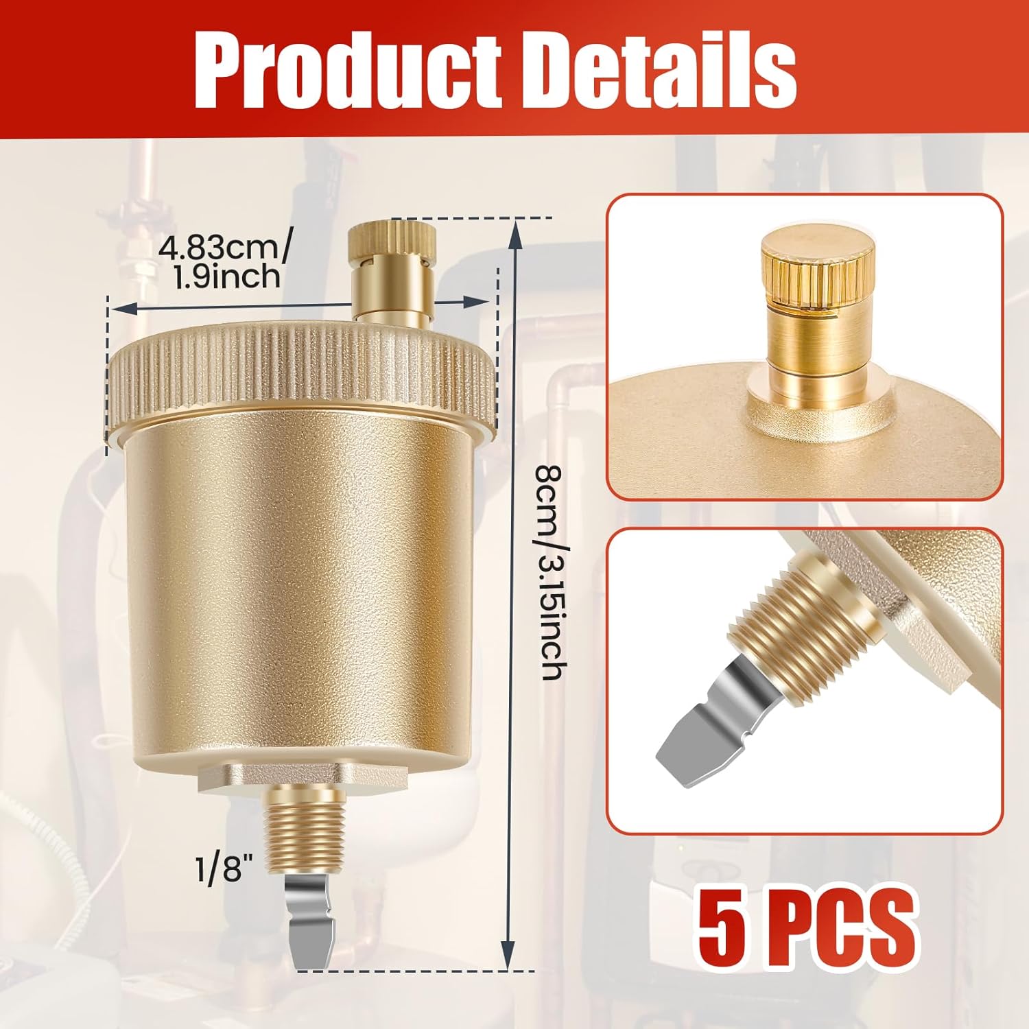 5 PCS 1/8 Inch Automatic Air Vent Valve, Brass Automatic Air Bleed Vent, Automatic Float Valve for Hot Water Radiators Heating System