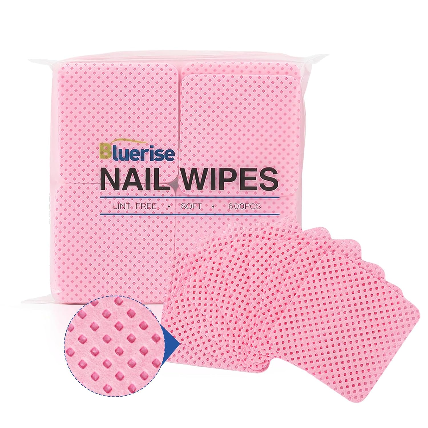 BLUERISE Lint Free Nail Wipes Nail Polish Remover Pads Soft Absorbable Eyelash Extension Glue Cleaning Wipes Pink 600pcs