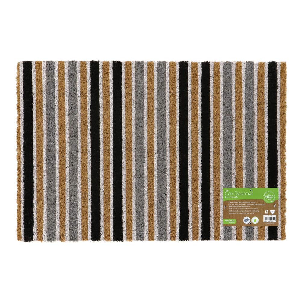 JVLEco-Friendly Pattern Latex Backed Coir Entrance Door Mat, Grey Stripe Design