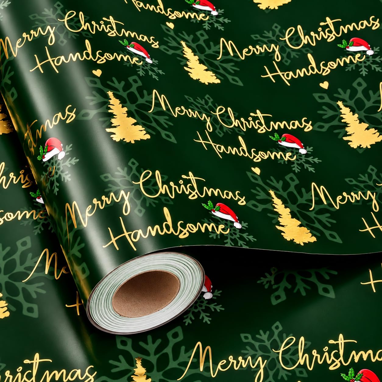 Burymento Green Christmas Wrapping Paper for Men, Gold Foil Merry Christmas Handsome Gift Wrapping Paper, Luxury Xmas Tree & Santa Hat Holiday Gift Wrap for Present Packaging, (17 Inch X 33Feet)