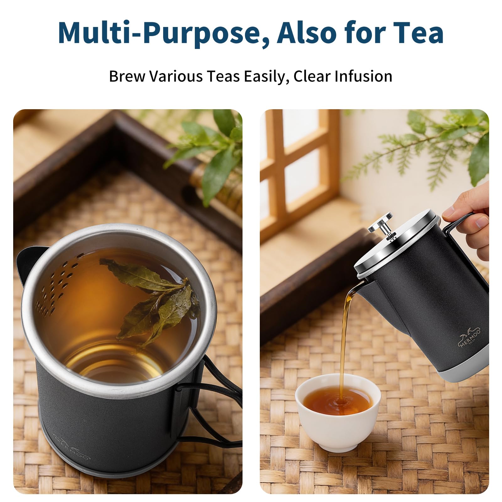 MERMOO YILAN French Press - Cafetera manual de 1000 ml para 4-6 tazas, mango plegable, prensa de café aislada portátil para camping, viajes, uso doméstico (plata)
