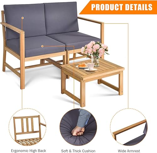 Miniatura 6 de Tangkula 3 en 1 sofá de madera de acacia con mesa de centro separable, juego de 3 sillas de madera con cojines, juego de muebles de exterior de 2