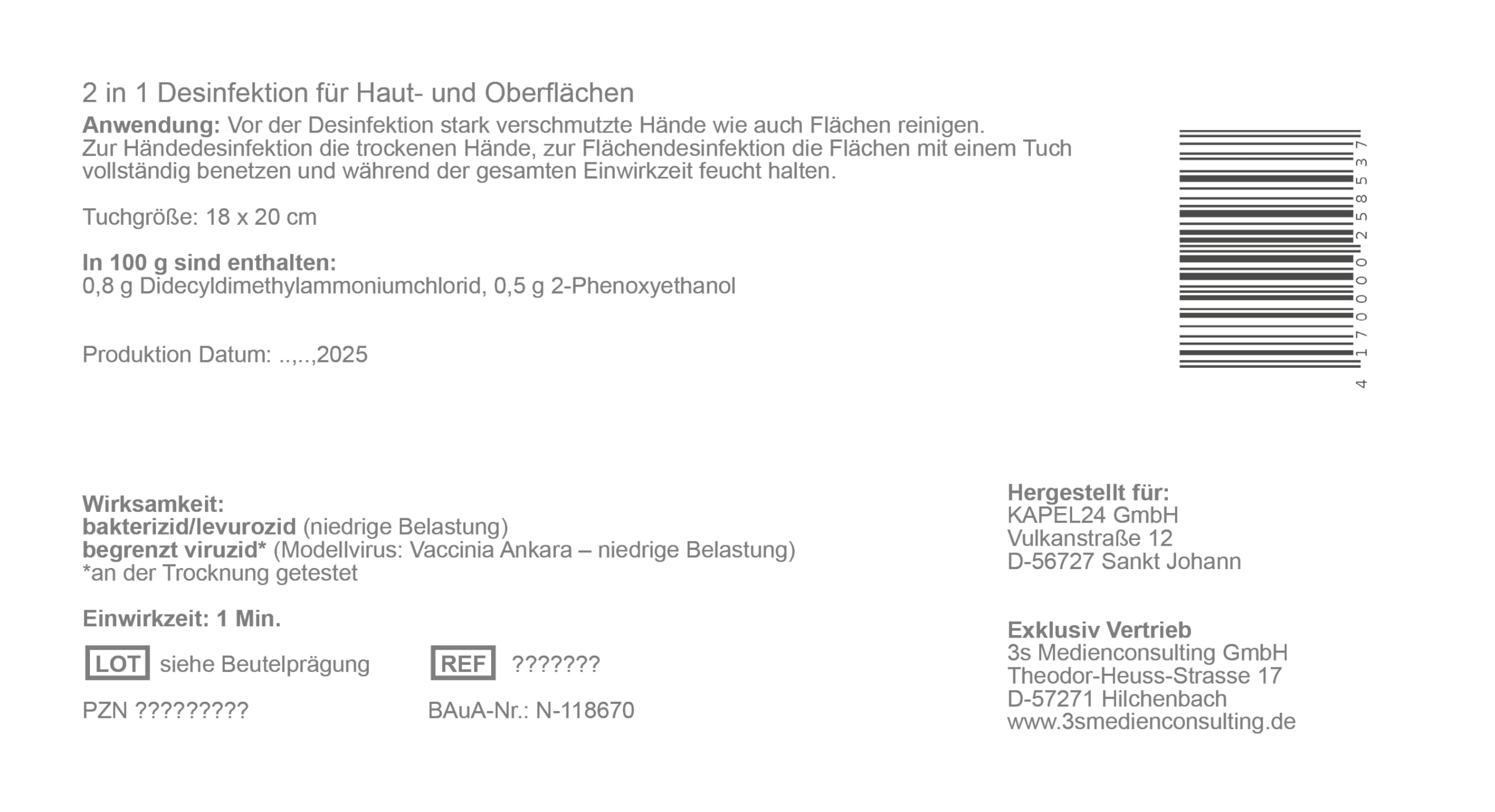 3S MED 2in1 Desinfektions-Feuchttücher für Haut & Oberflächen – 5er Pack (5×60 = 300 Tücher) – alkoholfrei & chlorfrei – 18×20 cm – Einwirkzeit 1 Min.