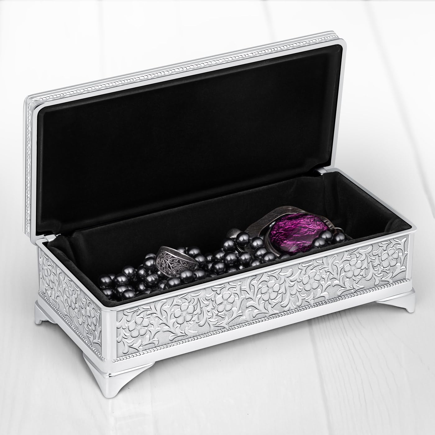 Maverton Antik Schmuckaufbewahrung mit Gravur - dekorative Schmuckkästchen Mädchen aus versilberter Edelstahl - 19x8,5x6,5cm - personalisierte Geschenke für Frauen - Hochzeitsgeschenke für Brautpaar