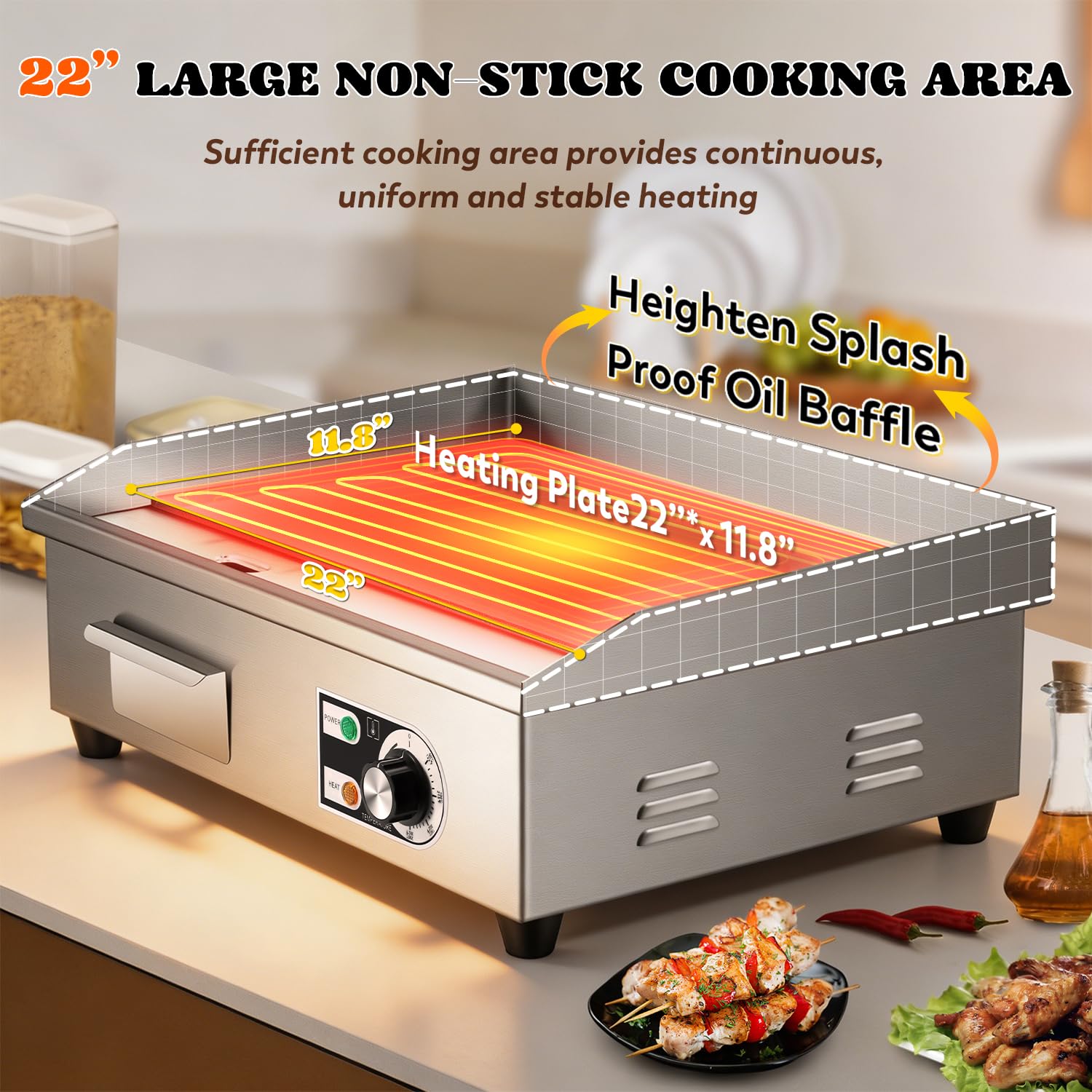 Moongiantgo Piastra Elettrica Commerciale 22" 3000W, Grill in Acciaio Inox con Scatola Olio Rimovibile e Temperatura Regolabile (0-300°C), Piastra Teppanyaki Antiaderente per Ristoranti, Cucine (22'')