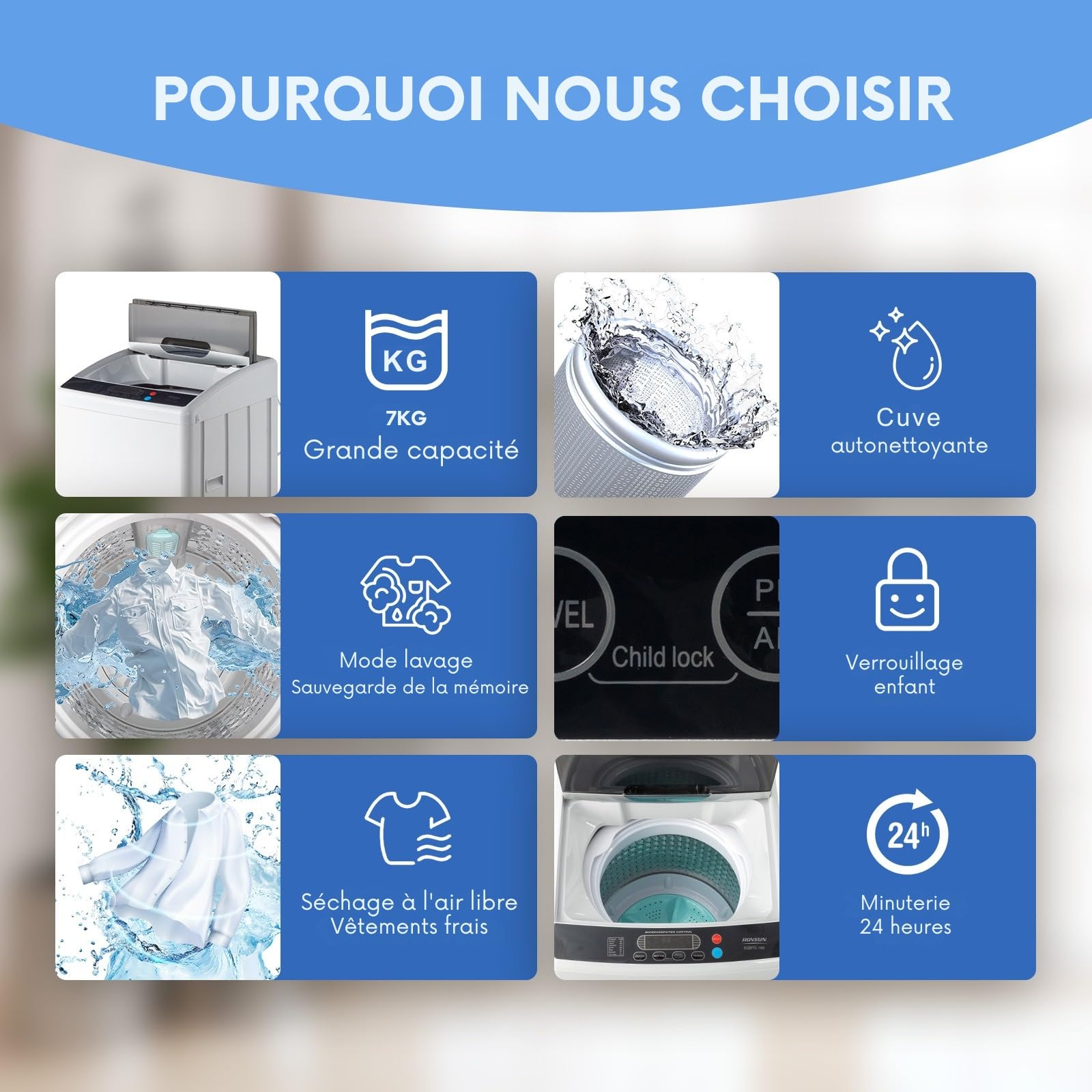 LEADZM Mini Machine à Laver lave linge 7KG, Puissance de 400W | Lave-linge avec Panneau de Commande Multifonction, avec Pompe de Drainage, pour Appartements Résidentiels