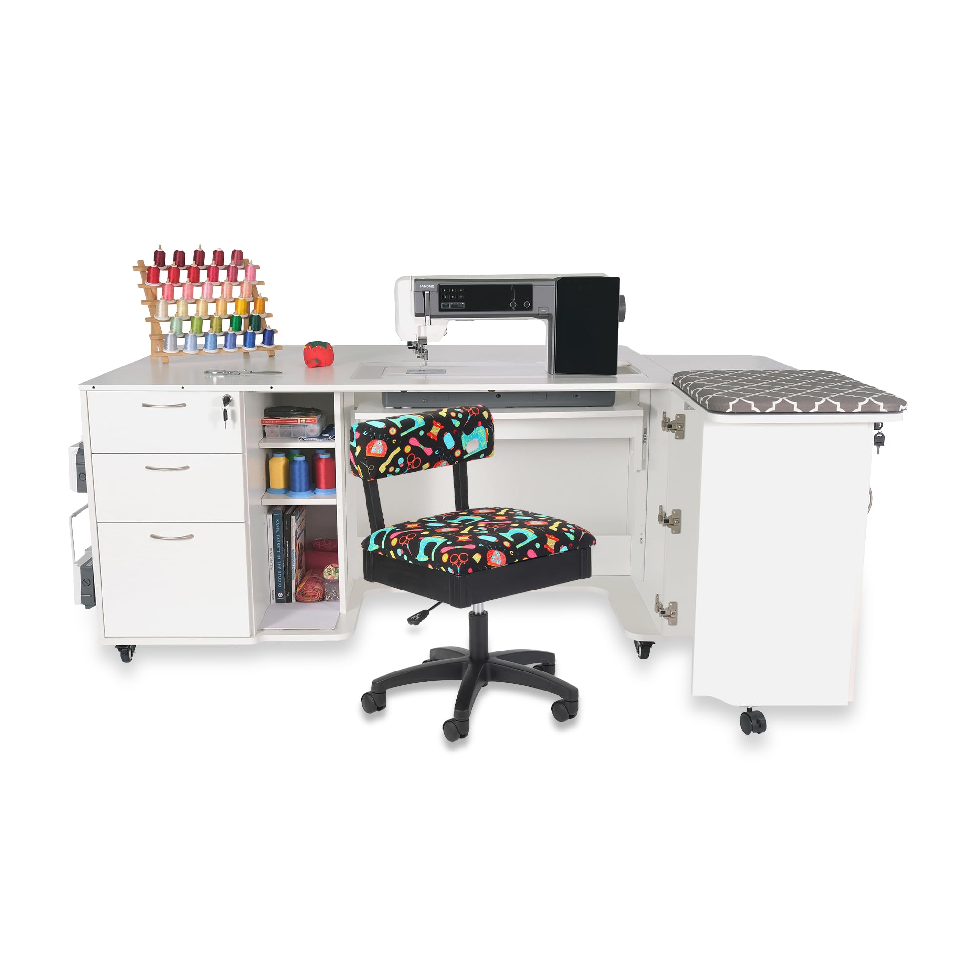 Kangaroo Sewing Furniture Sydney Sewing Cabinet in Ash White Furniture Adjustable Height Hydraulic Sewing and Craft Chair in Notions Print Fabric