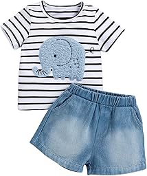 Little Baby Boy Clothes Short Sleeve Printed Cute Top+ Shorts Ripped Jeans 2Pcs Spring Summer Casual Set