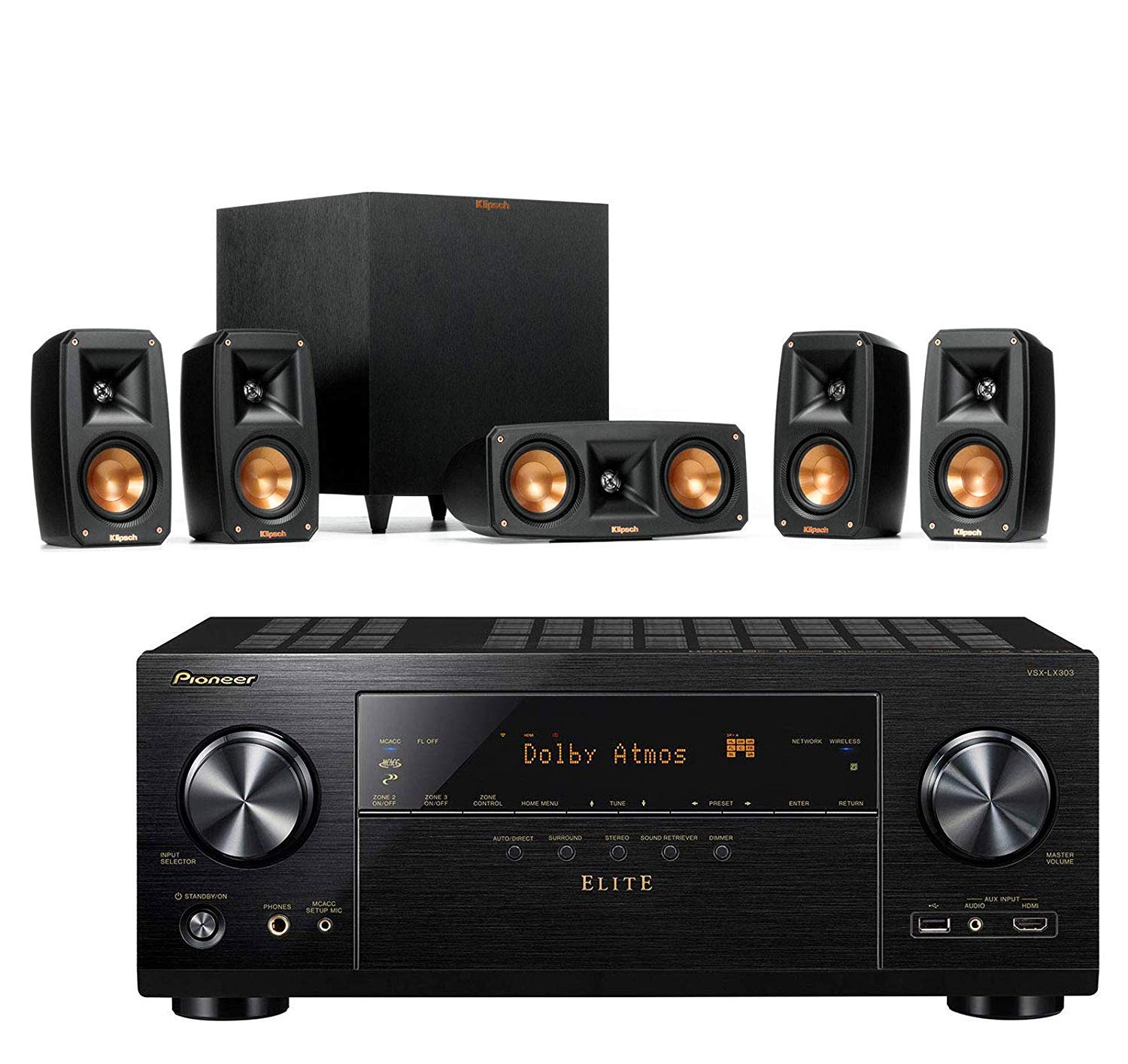 Klipsch Reference Theater Pack 5.1 Surround Sound System Bundle with Pioneer VSX-LX303 9.2-Channel 4k Ultra HD Network A/V Receiver - Black