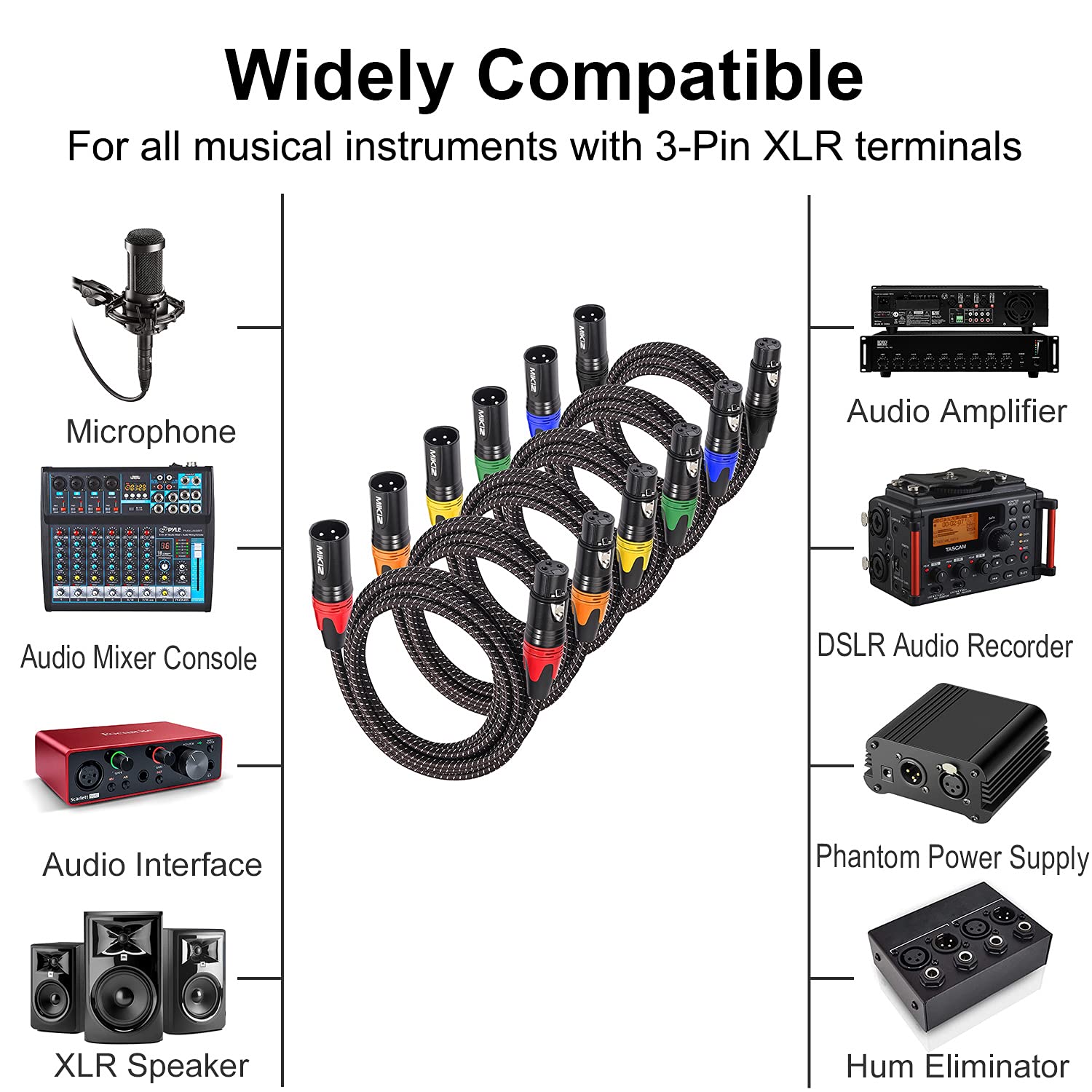 XLR Microphone Cables 25 ft 6 Packs Braided - MIKIZ Premium Balanced XLR Male to Female Cable : Musical Instruments