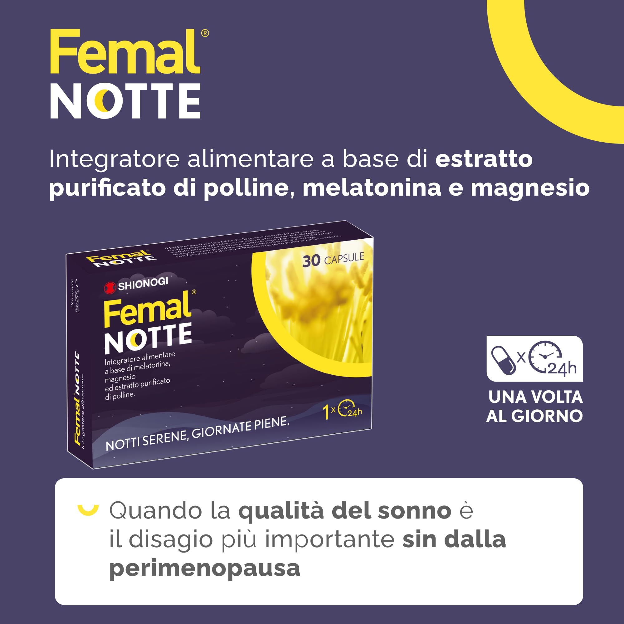 Femal Notte Menopausa, 30 Capsule, Integratore Alimentare Naturale Non Ormonale per contrastare i disturbi del Sonno, Estratto di Polline, Melatonina e Magnesio, Senza Glutine