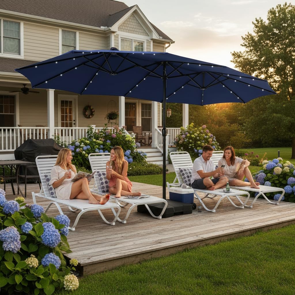 - PHI VILLA 15ft Large Patio Umbrella with Solar Lights, Double-Sided Outdoor Market Rectangle Umbrellas with 36 LED Lights, Umbrella Base (Stand) Included, Navy Blue