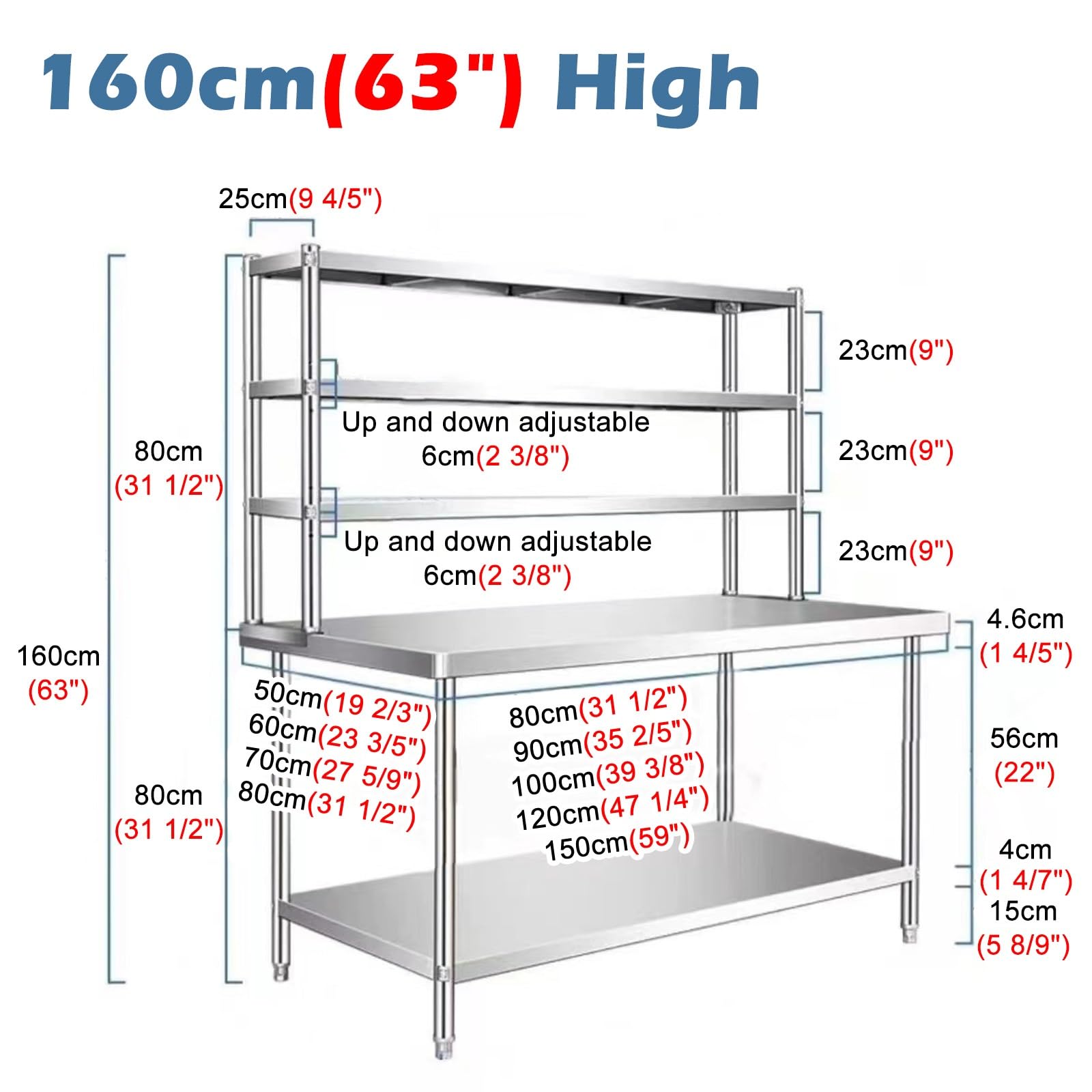 Banco da lavoro a 3 ripiani in acciaio inox con ampio tavolo di preparazione per cucina e lavanderia, scaffalatura resistente da 0,6 mm di spessore (lunghezza x larghezza x altezza 90 x altezza 90 x