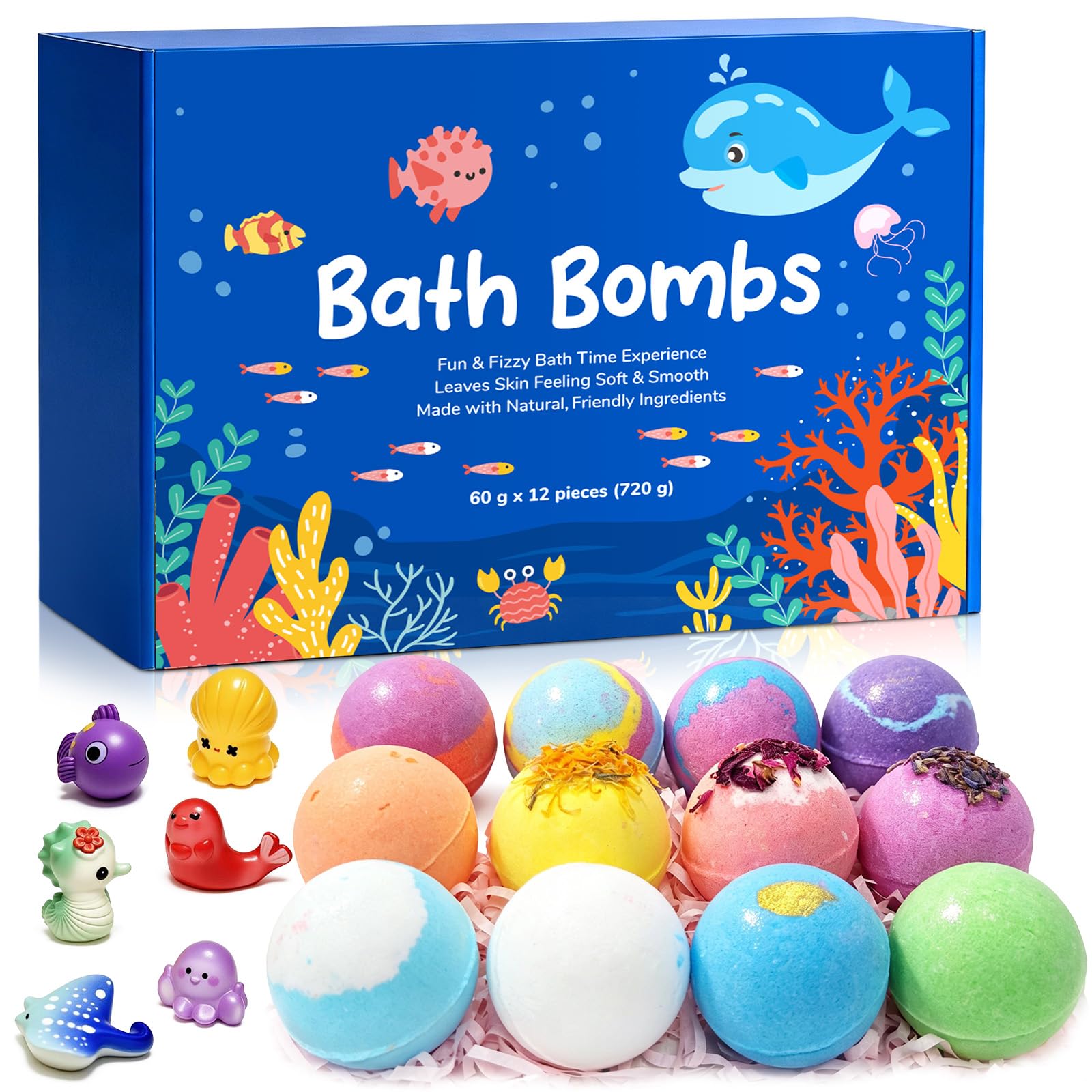 Ocean Theme Bath Bomb Set with Hidden Sea Creature Charms, 12 Colorful Fizzy Bath Bombs for Relaxing Bath Time, Self Care Gifts and Everyday Soaking Experience