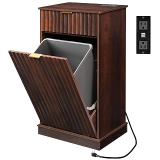 WLIVE 10 Gallon Tilt Out Trash Can Cabinet, Hidden Trash Can Cabinet with 2 AC+ USB Outlets, Storage Drawer, Food/Clothes Storage Pet Proof Kitchen Trash bin Cabinet for Home, Launday, Brown - Amazon product rated Grade B