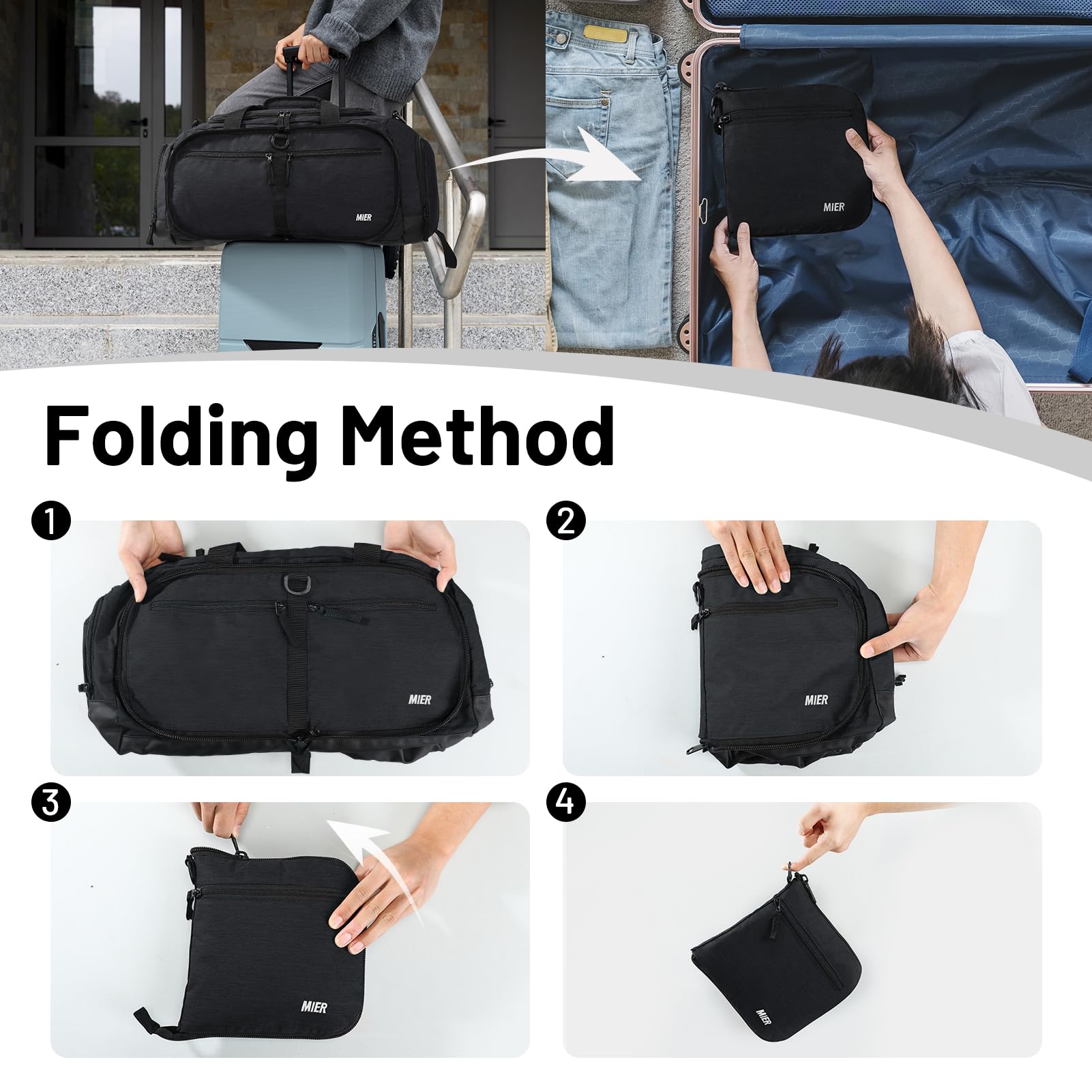 MIER Faltbare Reisetasche mit Schuhfach, 50 l, Reisetasche für Männer und Frauen, verstaubare Übernachtungstasche für Camping, Fitnessstudio, Wochenende, Schwarz, 50L, Faltbare Reisetasche mit