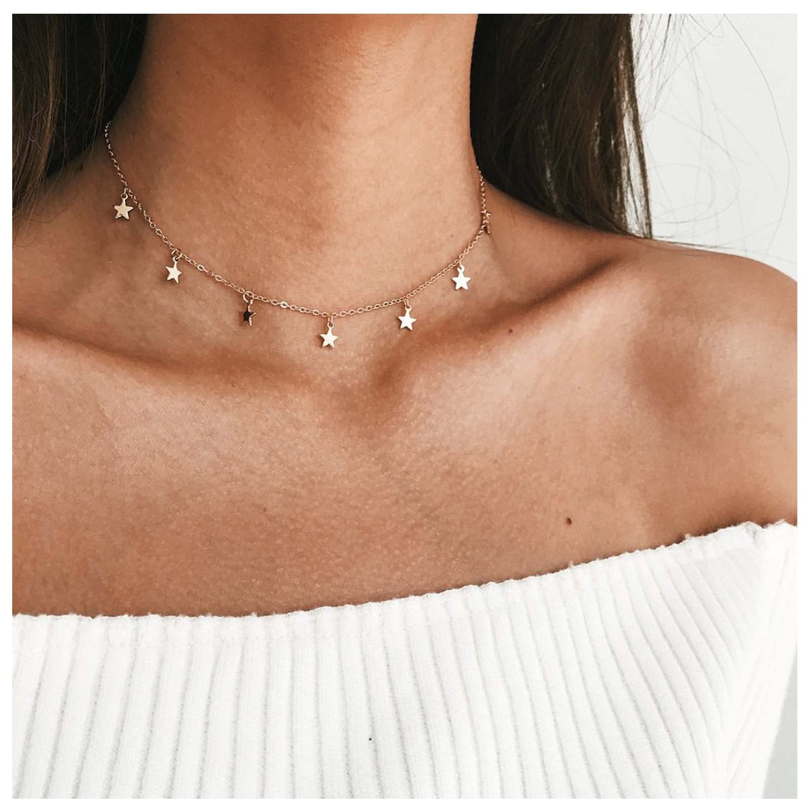 Dervivea Bohemia Estrella Collar Estrella Colgante Gargantilla Collar Estrellas Doradas Collar Corto Minimalista Estrella Borla Cadena Collar Joyería para Mujeres y Niñas