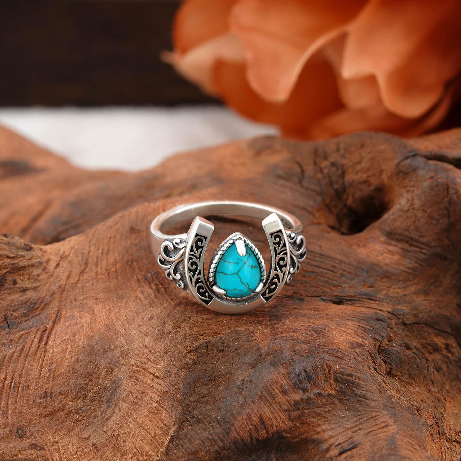 Genuine Turquoise Ring 925 Sterling Silver Horseshoe Ring Vintage Western Nature Gemstone Turquoise Jewelry for Women