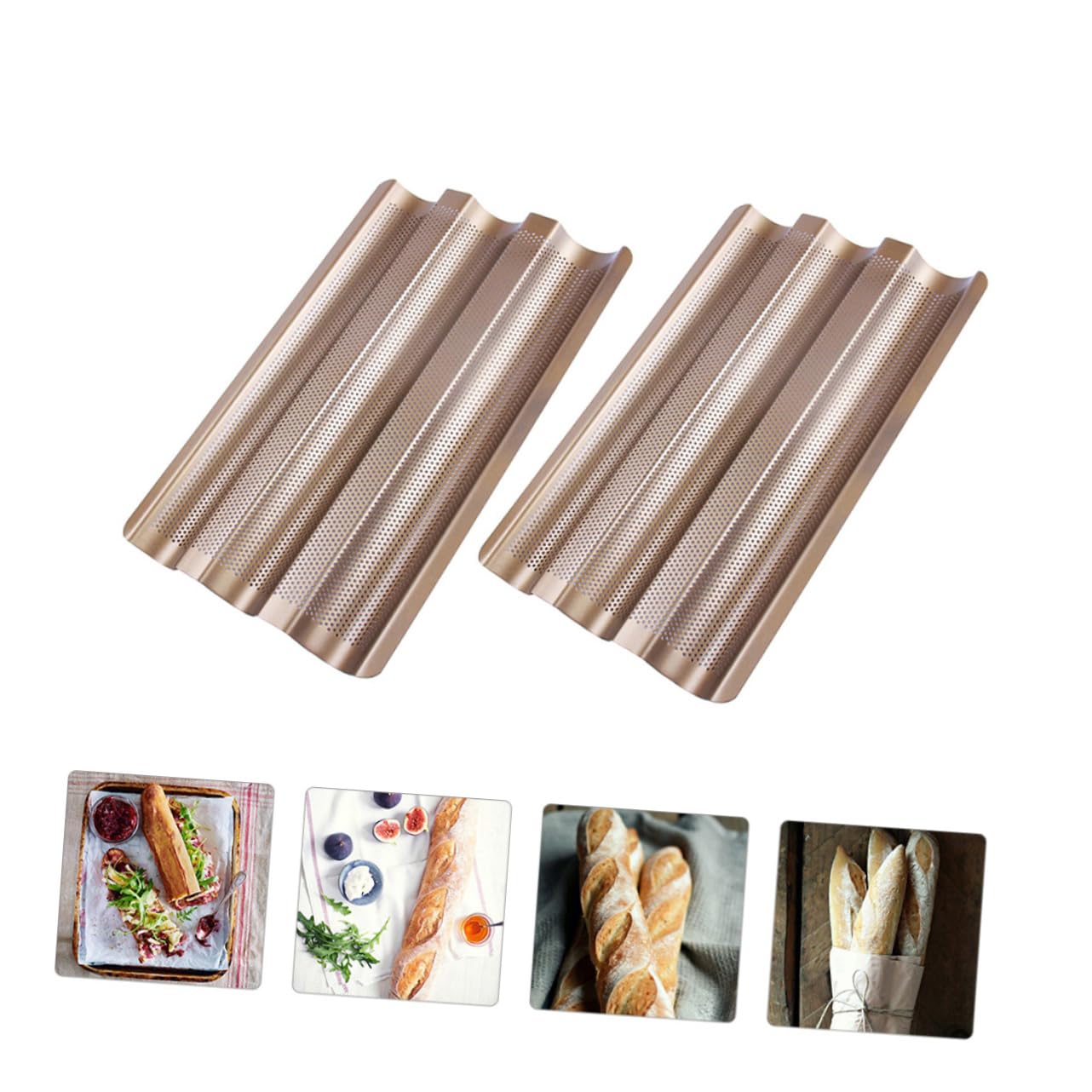 COLLBATH Französische Brotbackform 2 Stück aus Kohlenstoffstahl, Antihaft | 3 Wellen, 3 Schlitze und Perforiertes Design, Geeignet zum Backen von Baguette
