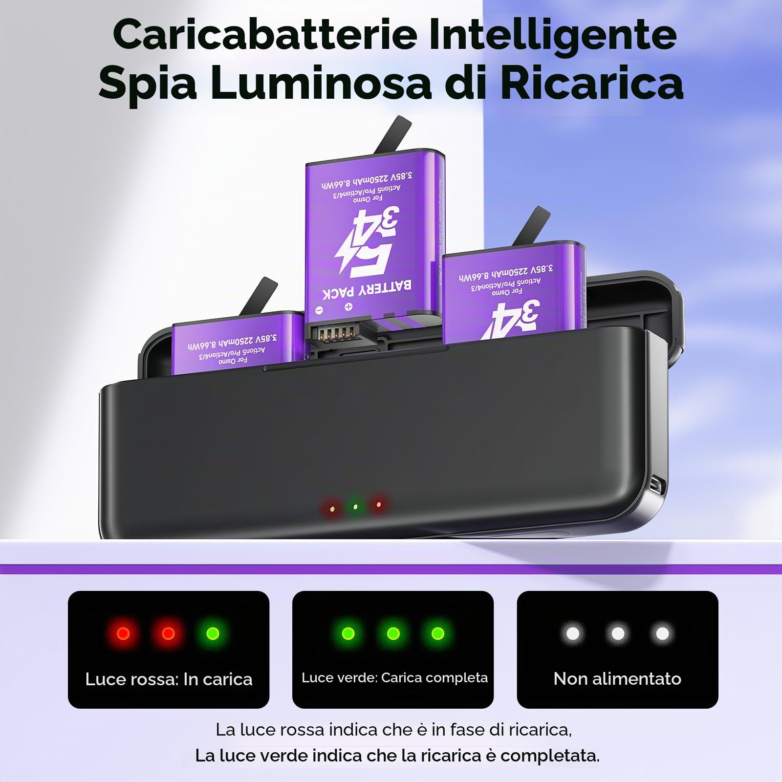 2250mAh Osmo Action 5 Pro Batteria Con Caricabatterie Per DJI Osmo 360/Action 6/Action 5 Pro/Action 4/Action 3, 3-channel Caricabatterie e custodia di ricarica rapida USB con cavo di tipo C