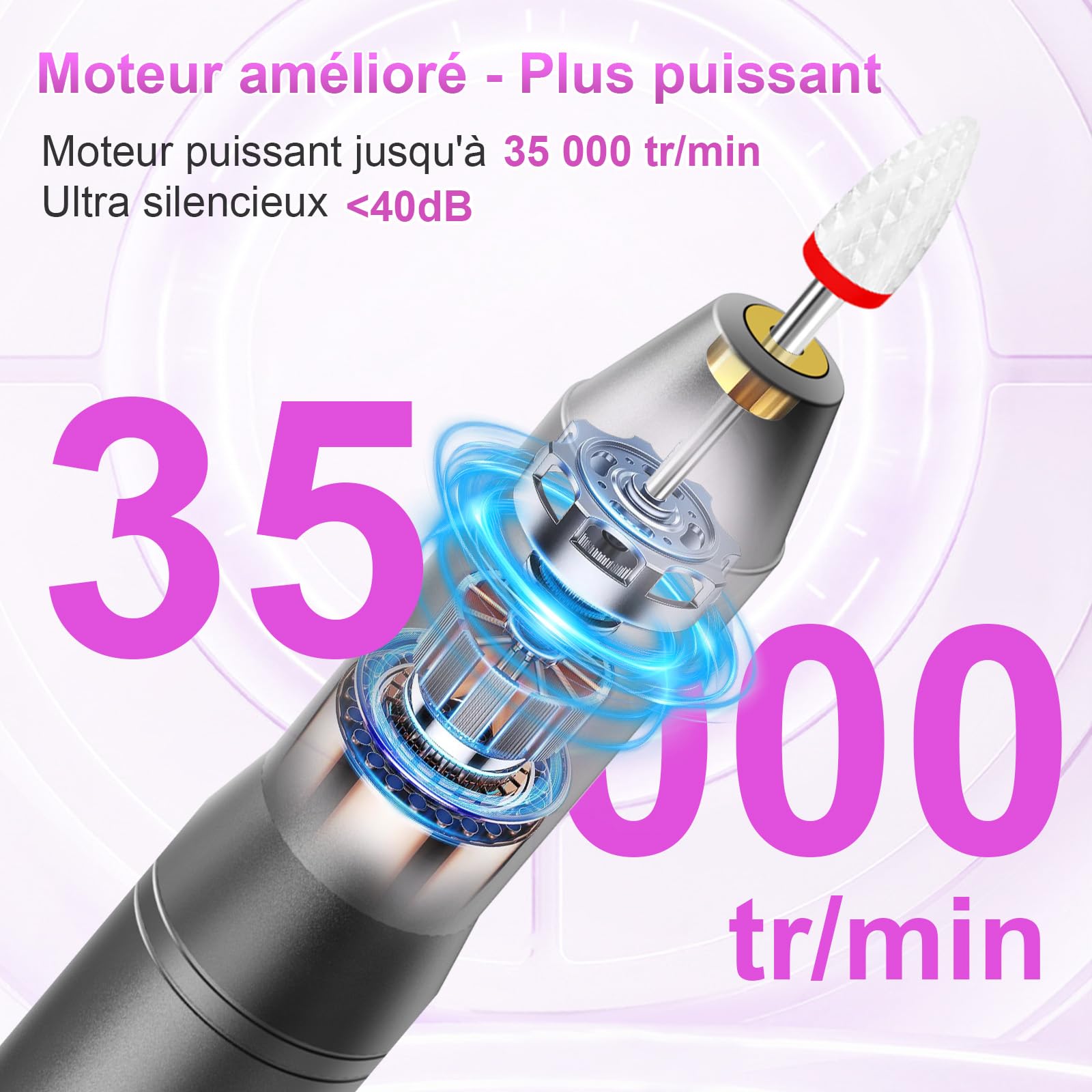 POFIBO Ponceuse pour Ongles Professionnel - 12 en 1 Lime a Ongle Electrique 35000RPM avec LCD écran Numérique, sans fil, 5 vitesses réglables - Kit de Manucure Pédicure Rechargeable Vitesse