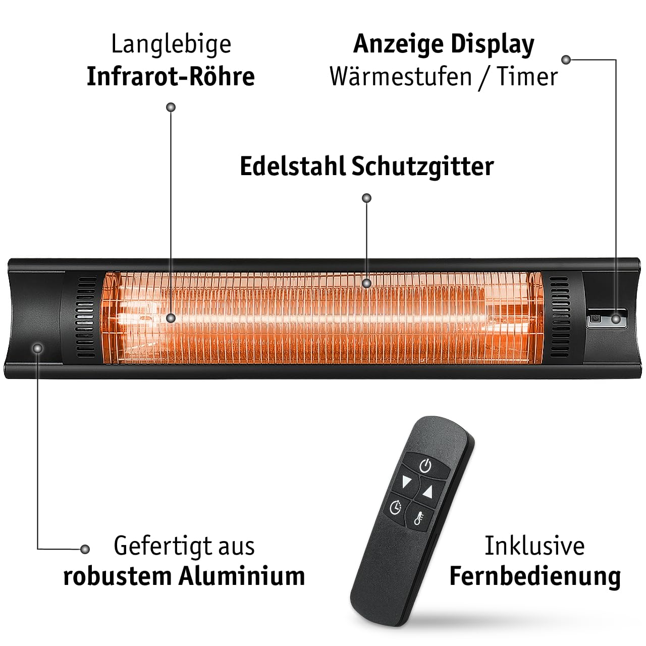 WALTER Professional Infrarot Wandheizstrahler 2000 W, 4 Stufen, Karbon Infrarot-Technologie, Terrassenheizstrahler für Innen- und Außenbereich, Timer Funktion, mit Fernbedienung, inkl Wandhalterung