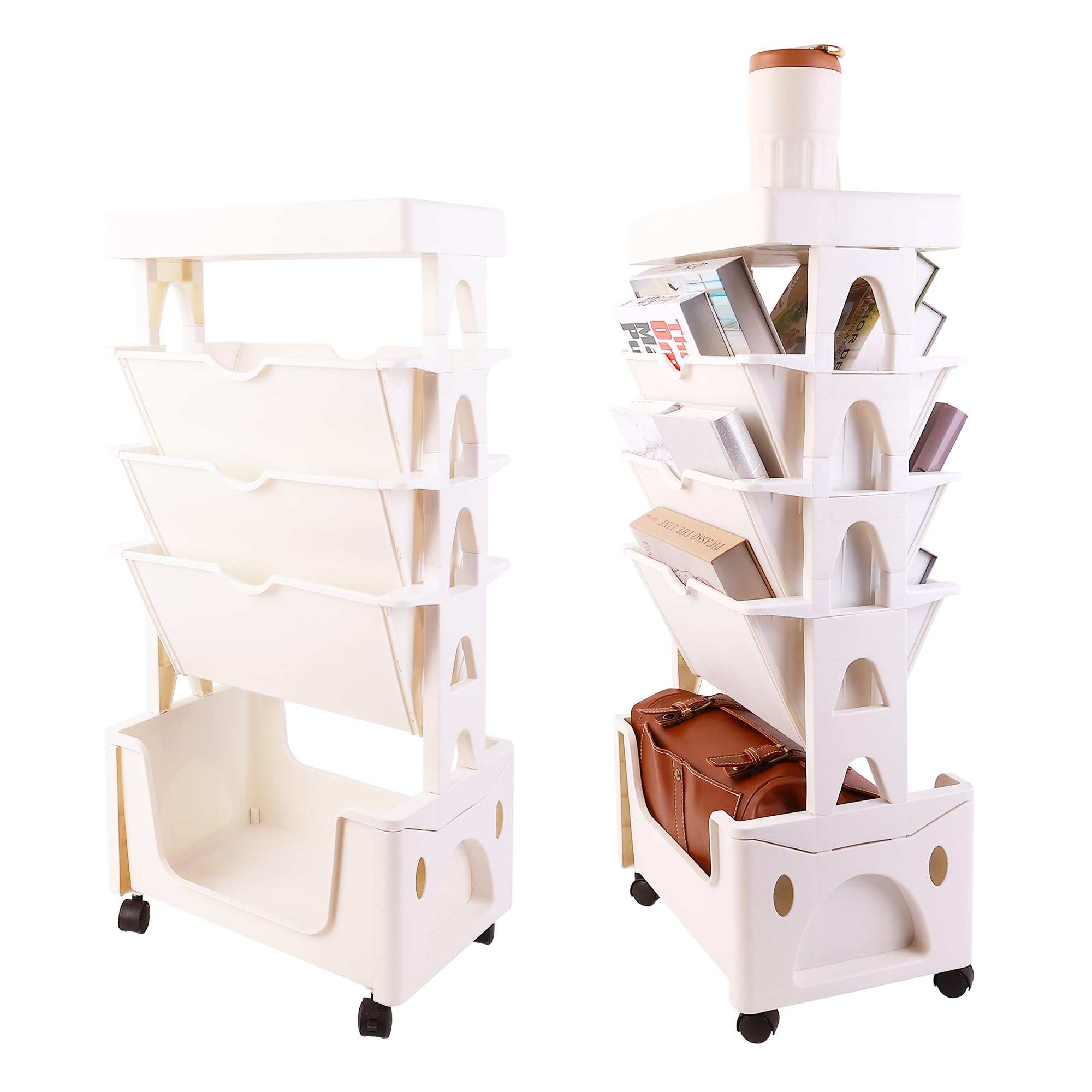 5 Tier Book Rack Storage Bookshelf, Removable Movable Unique Bookcase, Mobile Bookshelf with Wheels Utility Organizer Bookshelves for Kids Children Students Study in Bedroom Living Room School (White)