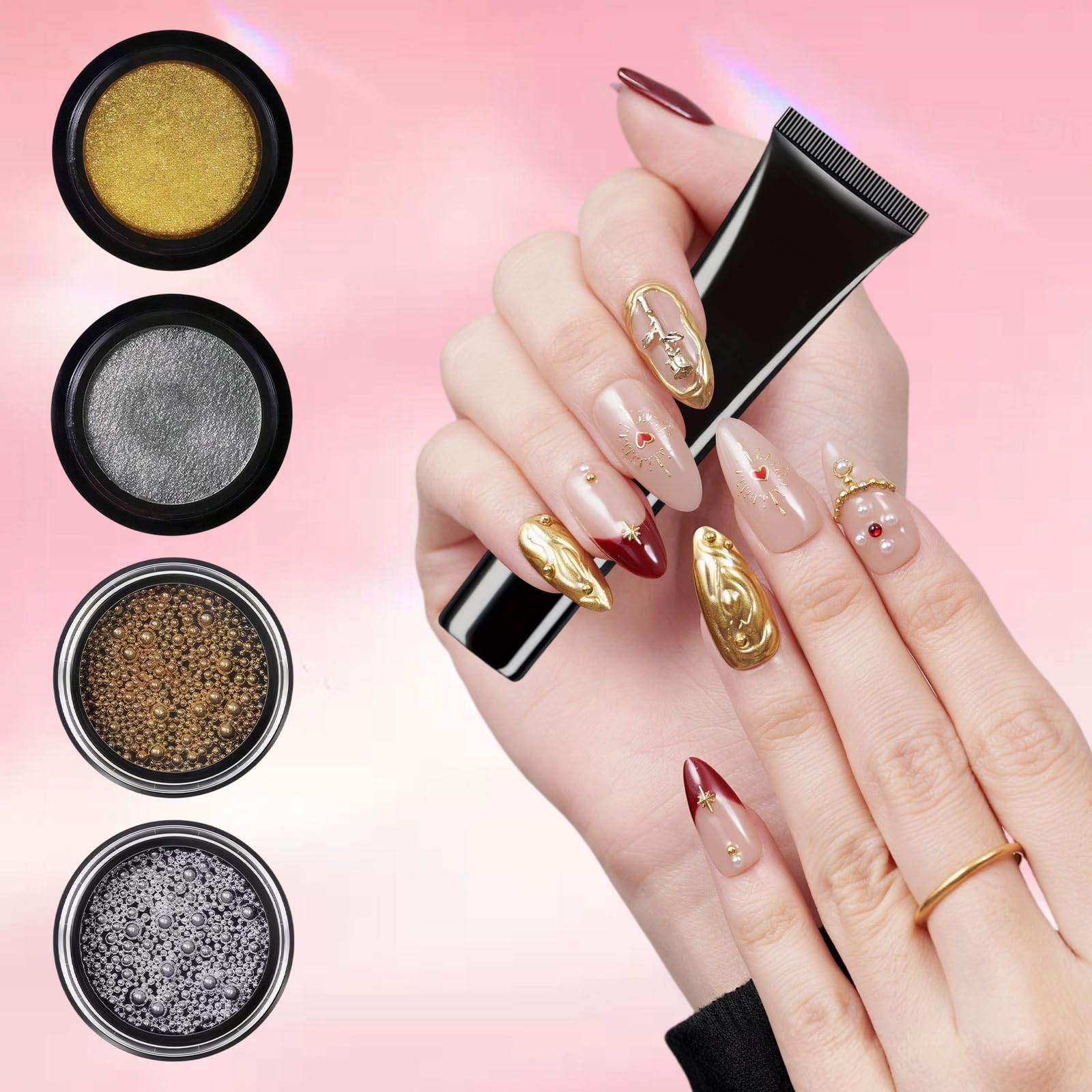 Gel 3D Scultura Nail Art Kit, 15 g 3D Builder Gel Unghie con Polvere Cromate Unghie Oro Argento e Perline Metalliche Charms per Decorazioni Unghie 3D DIY Effetto Specchio e Design