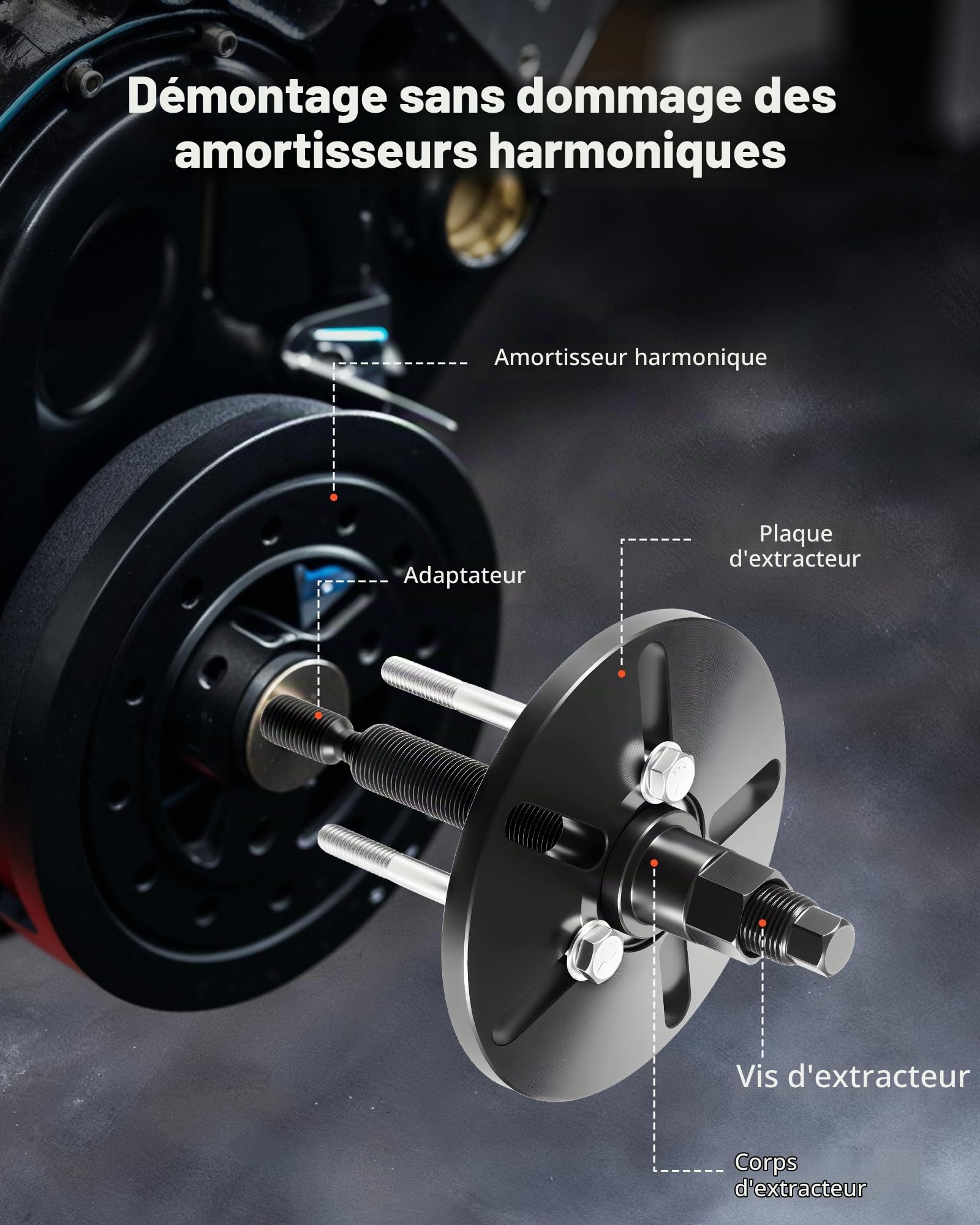 VEVOR Kit d'Outils de Démontage et Montage d'Équilibreur Harmonique, Extracteur d’Amortisseur d’Harmonique en Acier, Outil d’Extraction de Volants, de Poulies de Vilebrequin et de Volants, Atelier