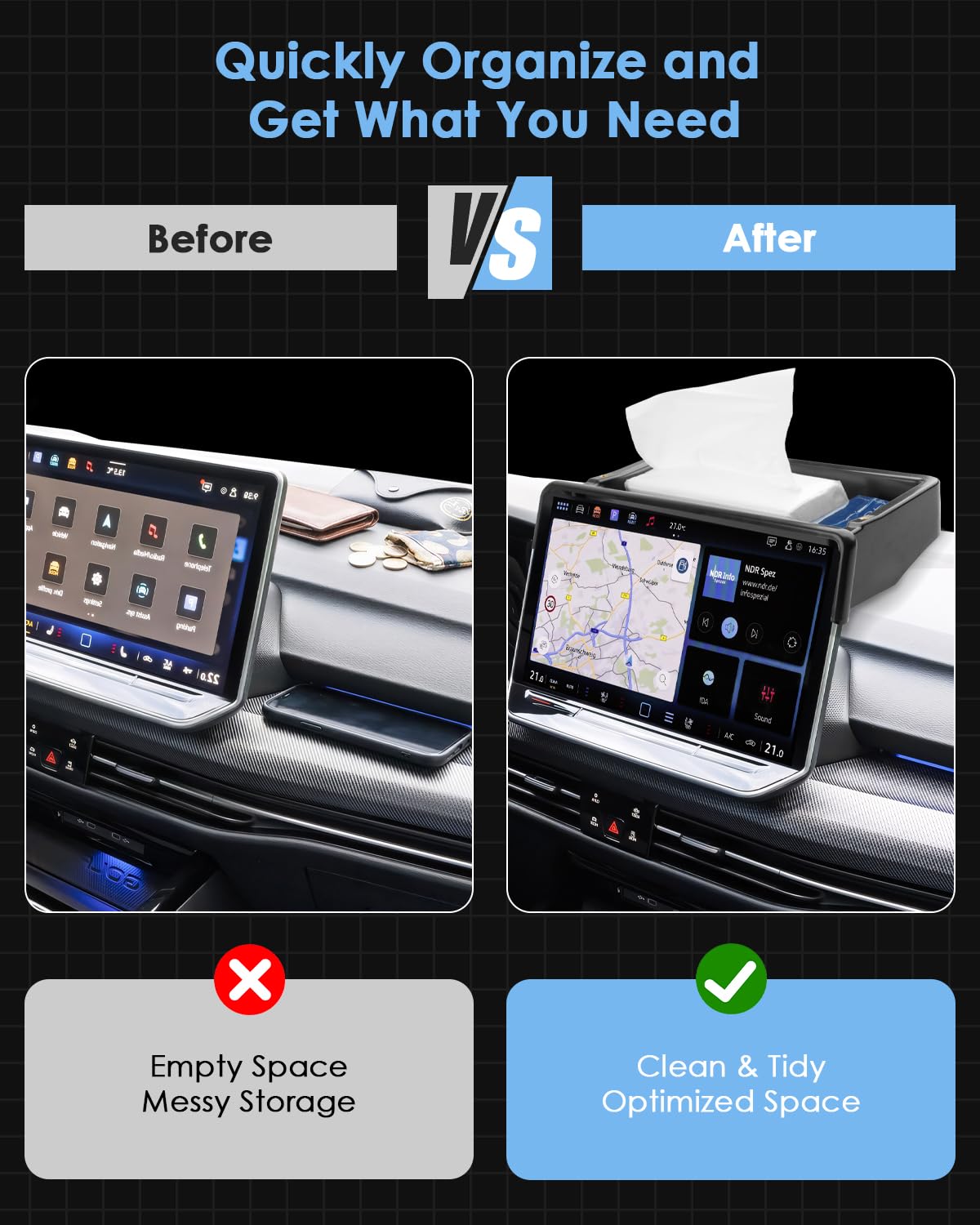 Organizer per schermo posteriore per VW Golf 8.5,8 2024-2025 MK8 Facelift Console centrale Schermo Vassoio portaoggetti in plastica con display VW da 12,9 pollici Accessori (plastica)