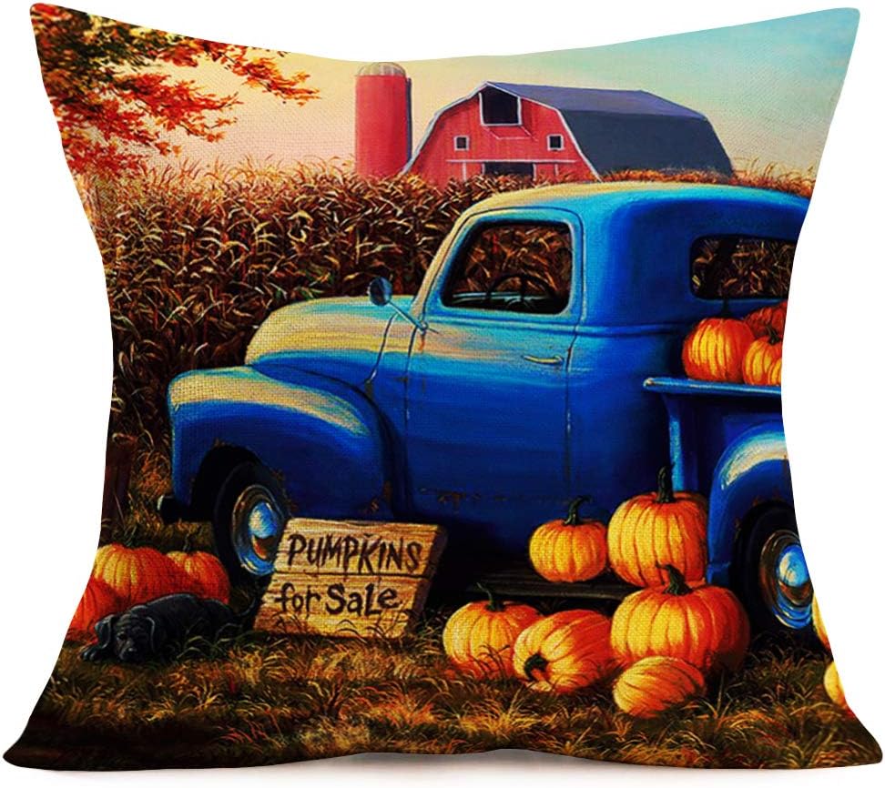 FukeenAutumn Blue Pickup Trucks Warehouse Throw Pillow Covers Farm Market Pumpkins for Sale Quote Pillow Cases Cushion Cover Cotton Linen Good Harvest Farmhouse Decorative Pillowcase