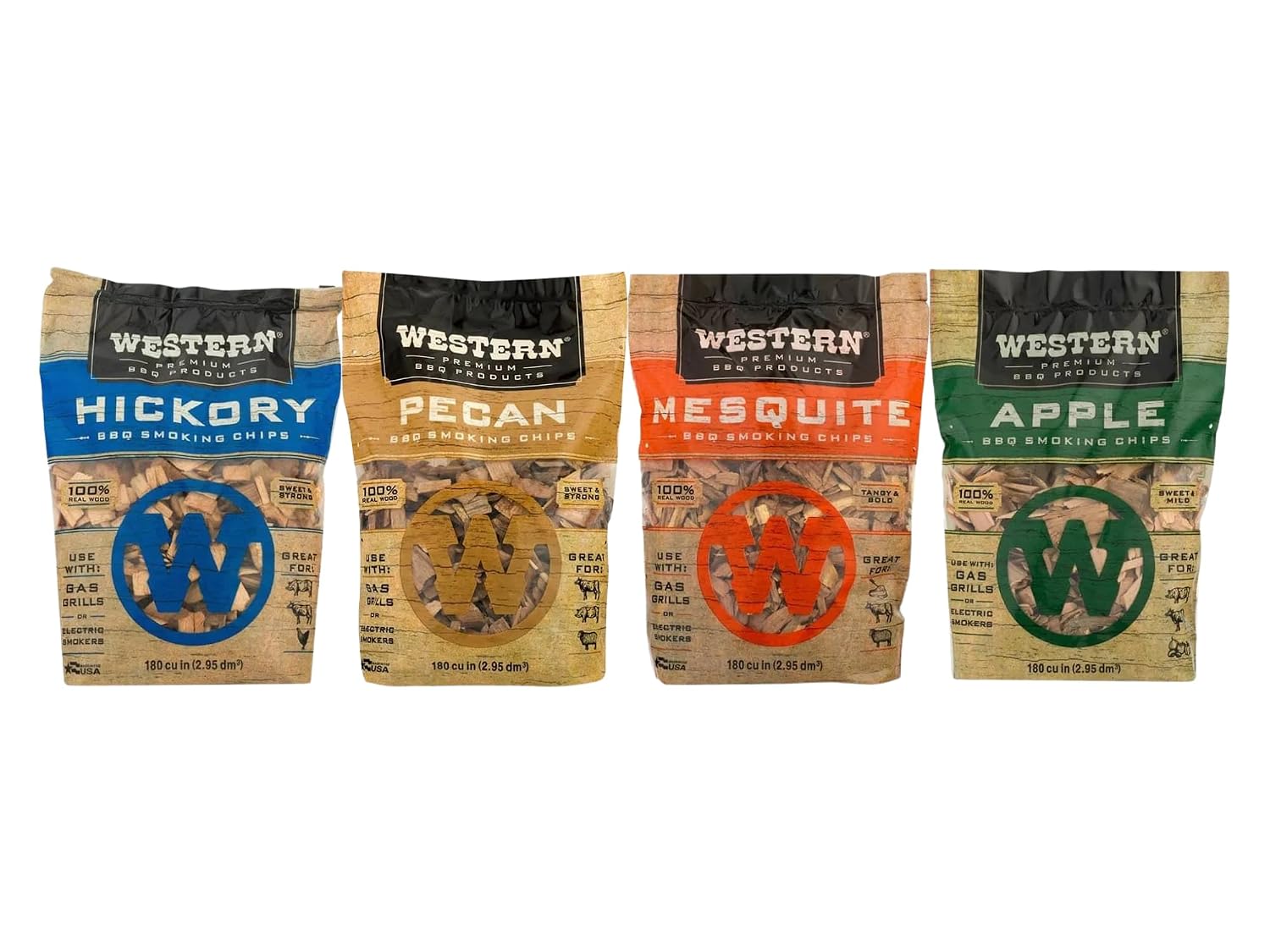Western BBQ Smoking Wood Chips Variety Pack Bundle (4) Apple, Hickory, Mesquite and Pecan Flavors