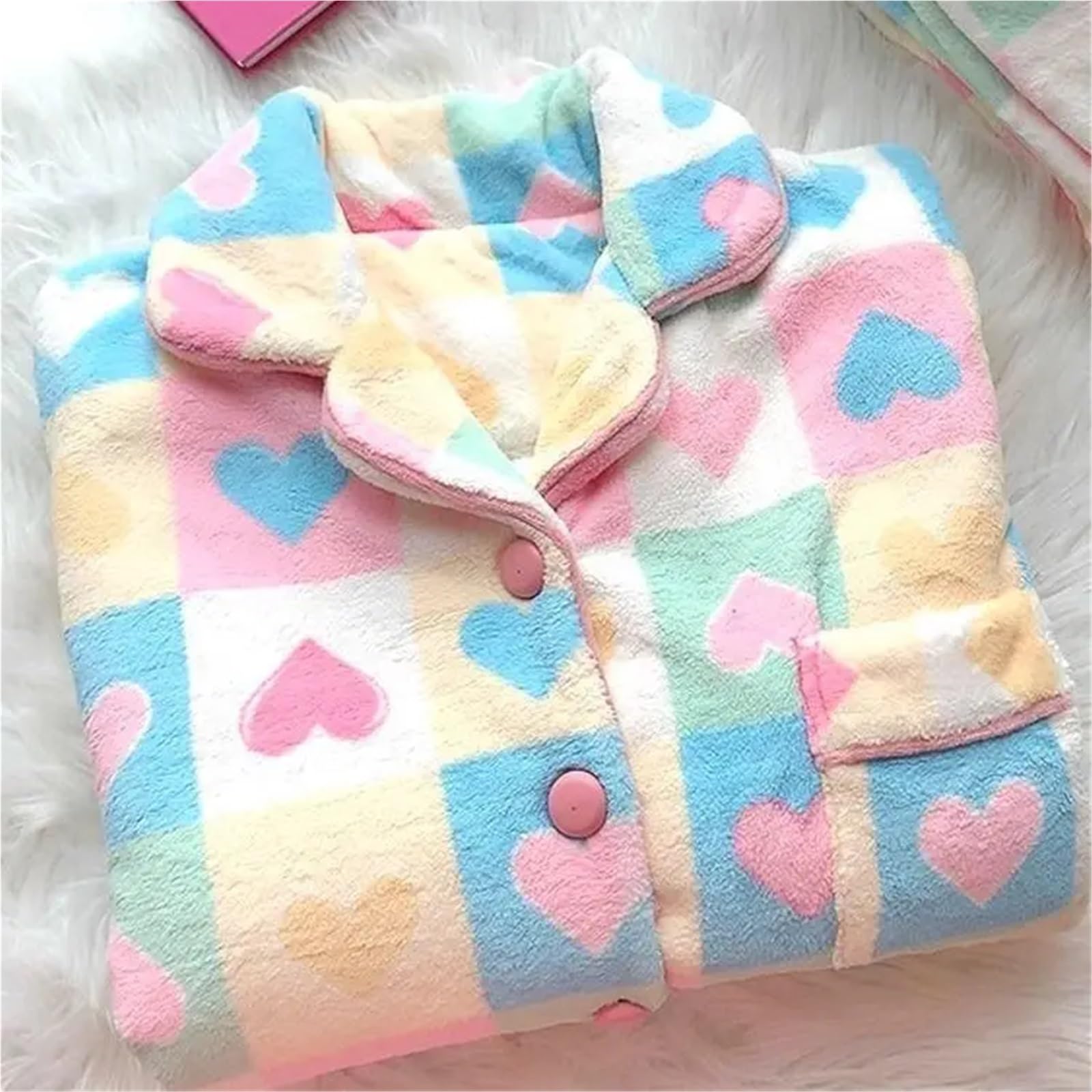 Women's Sweet Pajamas Set – Love & Striped Print, Long Sleeve Sleepwear Suit, Button Top and Pants with Pockets, Soft(XL 58-65kg)