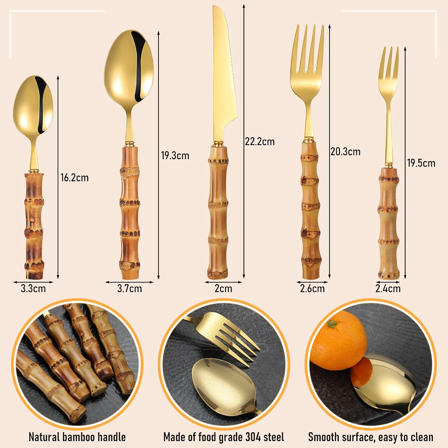 Eboot Bamboo Silverware Set 18/8 Stainless Steel Tableware Set Natural Utensil Flatware Kit Spoon Fork Knives Bamboo Handle Cutlery for Kitchen Wedding Home Restaurant Party(Gold,30 Pieces)