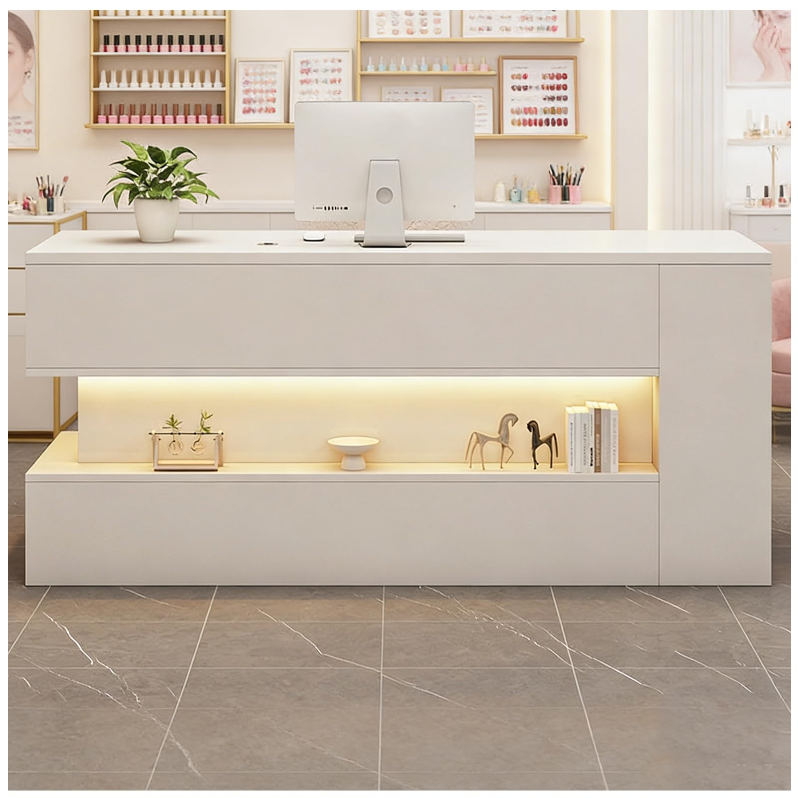 Scrivania per reception con illuminazione a LED, gestione dei cavi nascosta e cassetto chiudibile a chiave, elegante mobile da ufficio per casa e ufficio