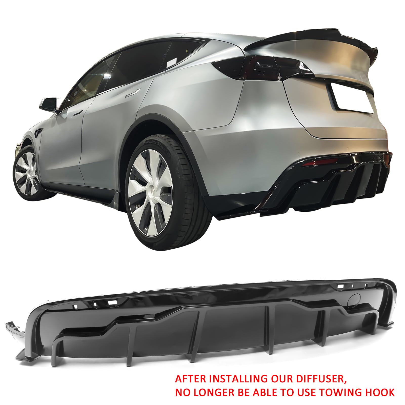 IKON MOTORSPORTS, Rear Diffuser Compatible with 2020-2024 Tesla Model Y, Gloss Black IKON Style PP Rear Bumper Lip Shark Fin Splitter Replacement 3PC, 2021