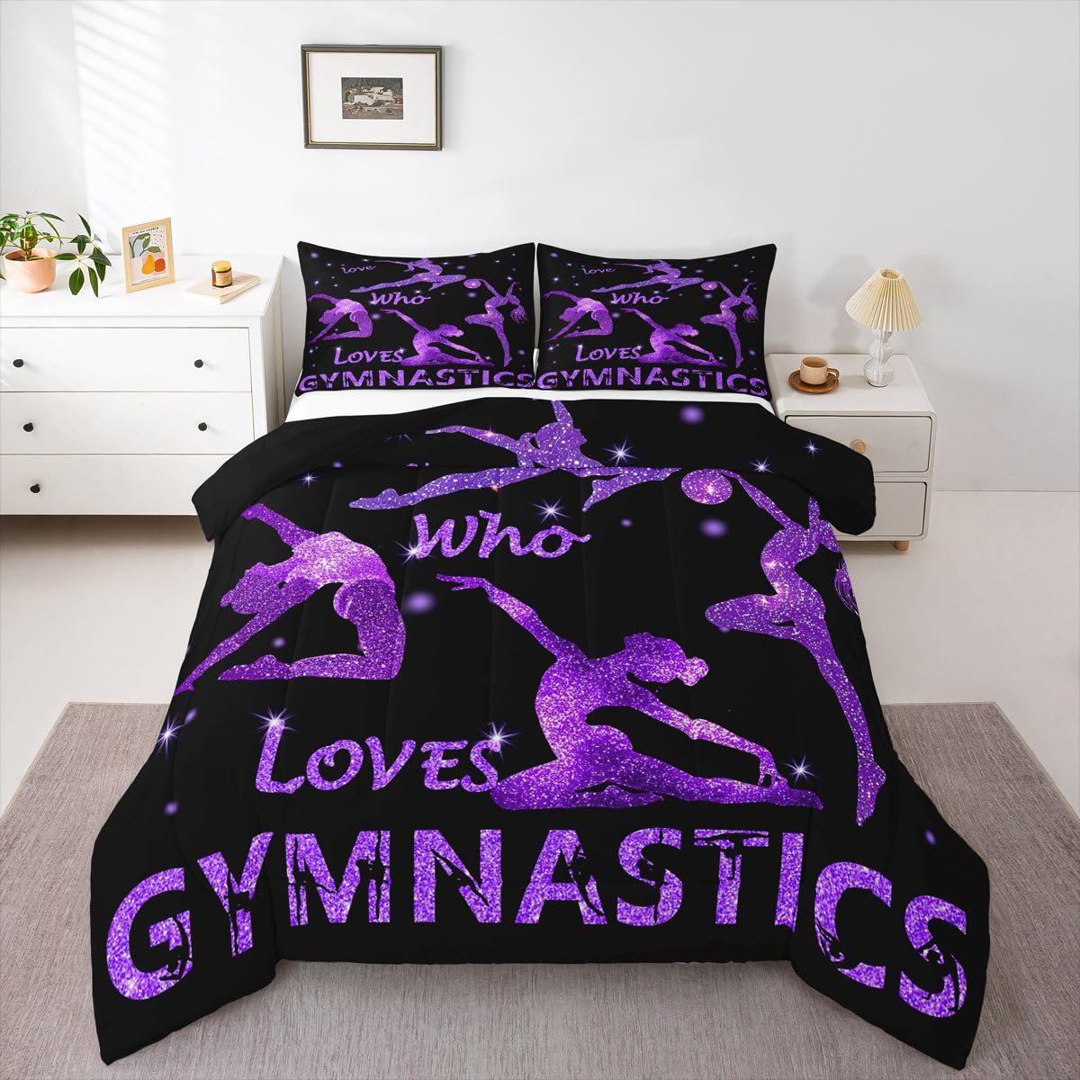 Gymnastics Down Comforter Gifts For Gymnast Lovers Comforter Set & 2 Pillow Cases, Gymnast Dancers Bedding Set Starry Sky Pastel Quilted Duvet Queen