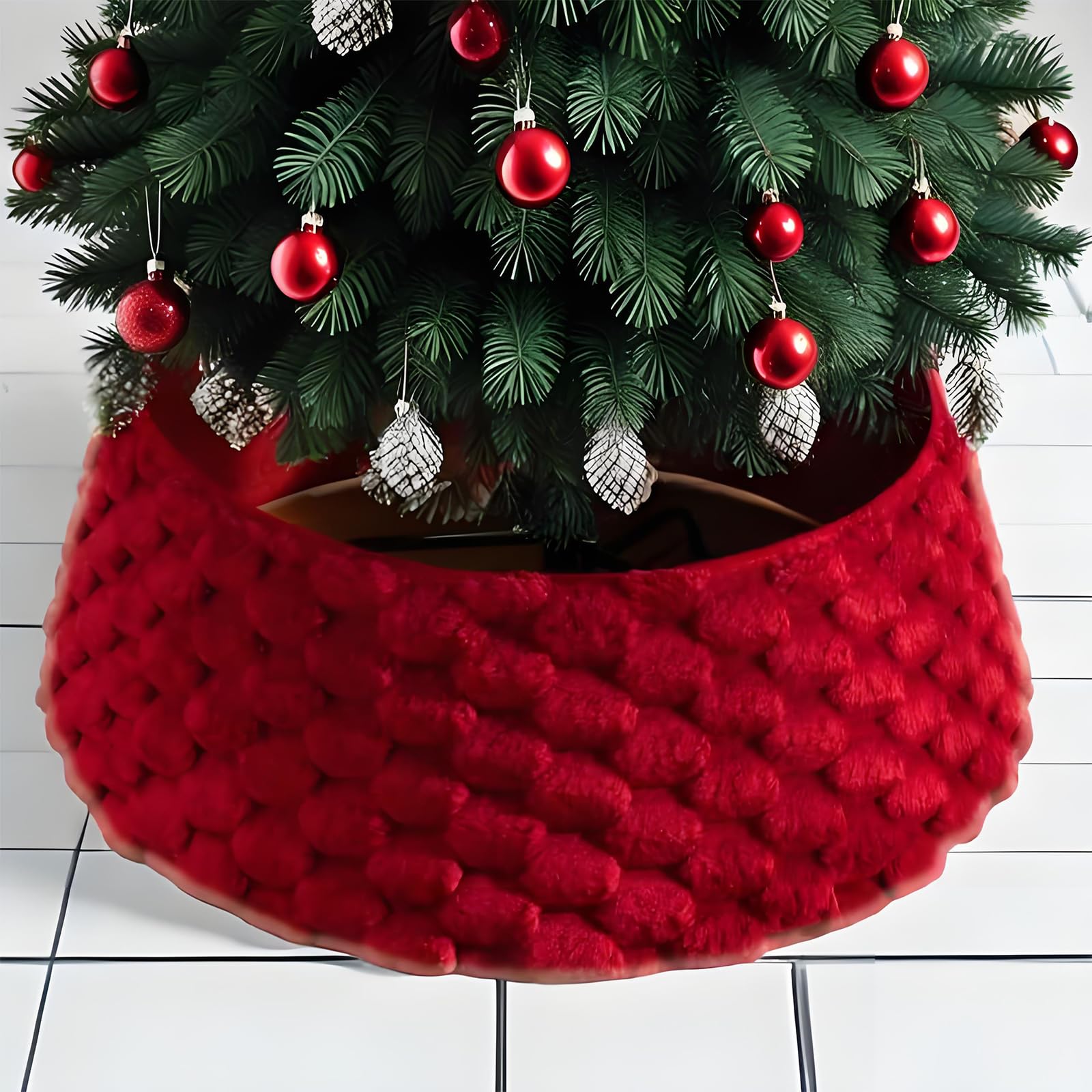Knitted Christmas Tree Collar 28'' Burgundy Red Christmas Tree Stand Base Cover for Artificial Trees Xmas Tree Ring Skirt Rustic Farmhouse Tree Skirt Alternative for 7.5 ft 9 ft 12ft Tree