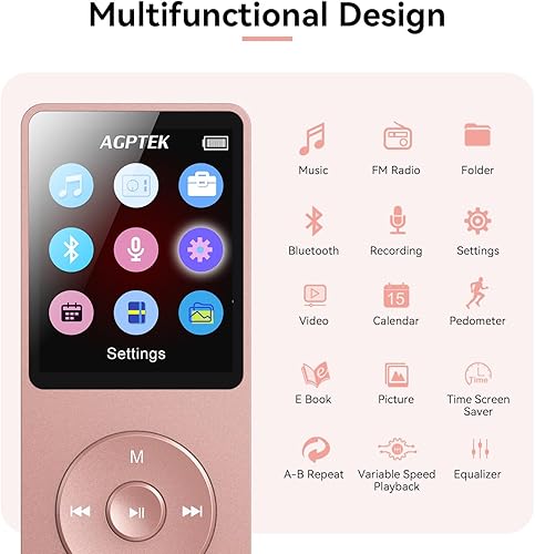 Miniatura 4 de AGPTEK Reproductor de MP3 A02 con Bluetooth 5.3, pantalla de 1.8 pulgadas, reproductor de música portátil con altavoz, radio FM, grabadora de voz,