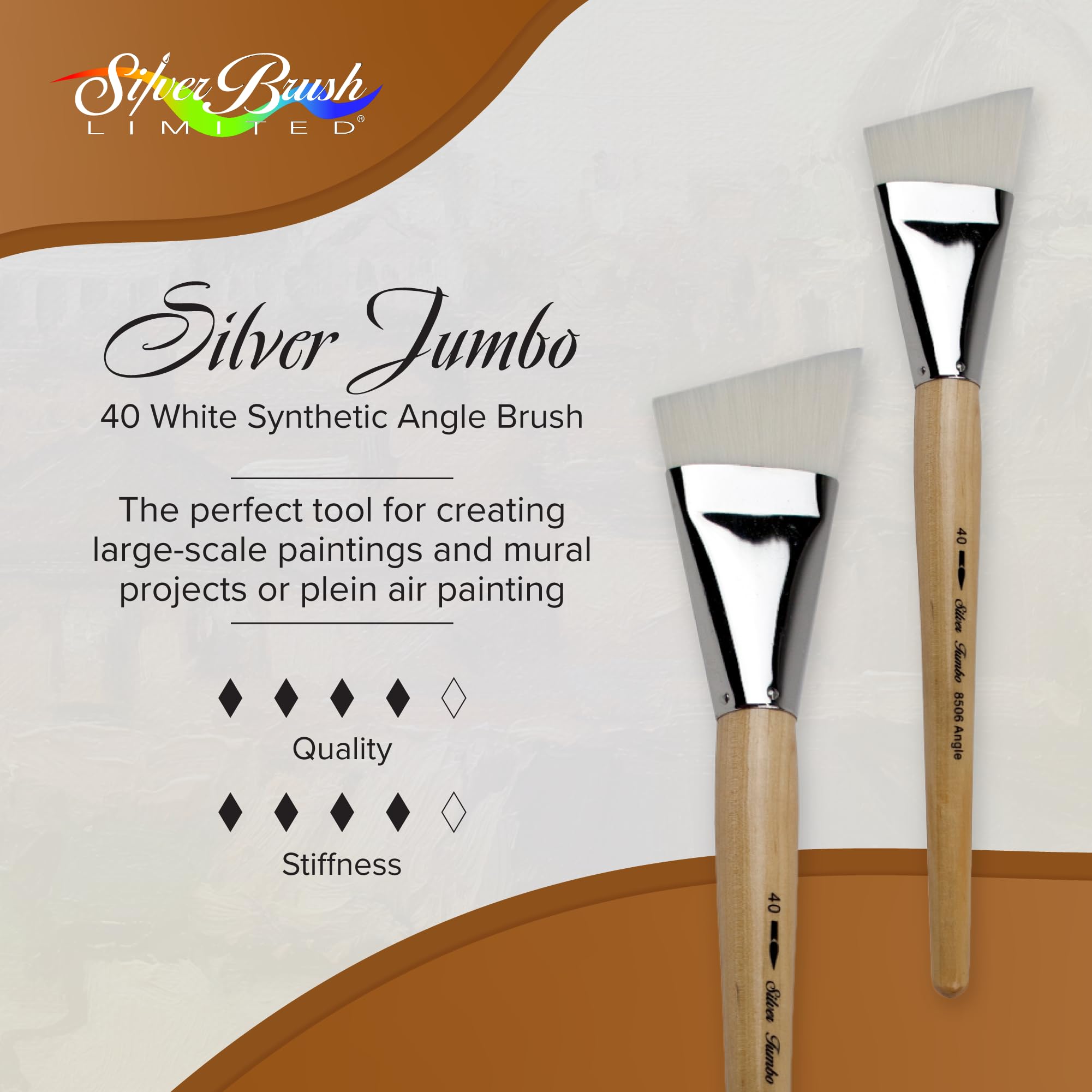 Silver Brush Limited 8506-40 Silver Jumbo White Synthetic Angle Paintbrush for Oil, Acrylic, & Heavy Body Paints, Size 40, Mid Length Handle